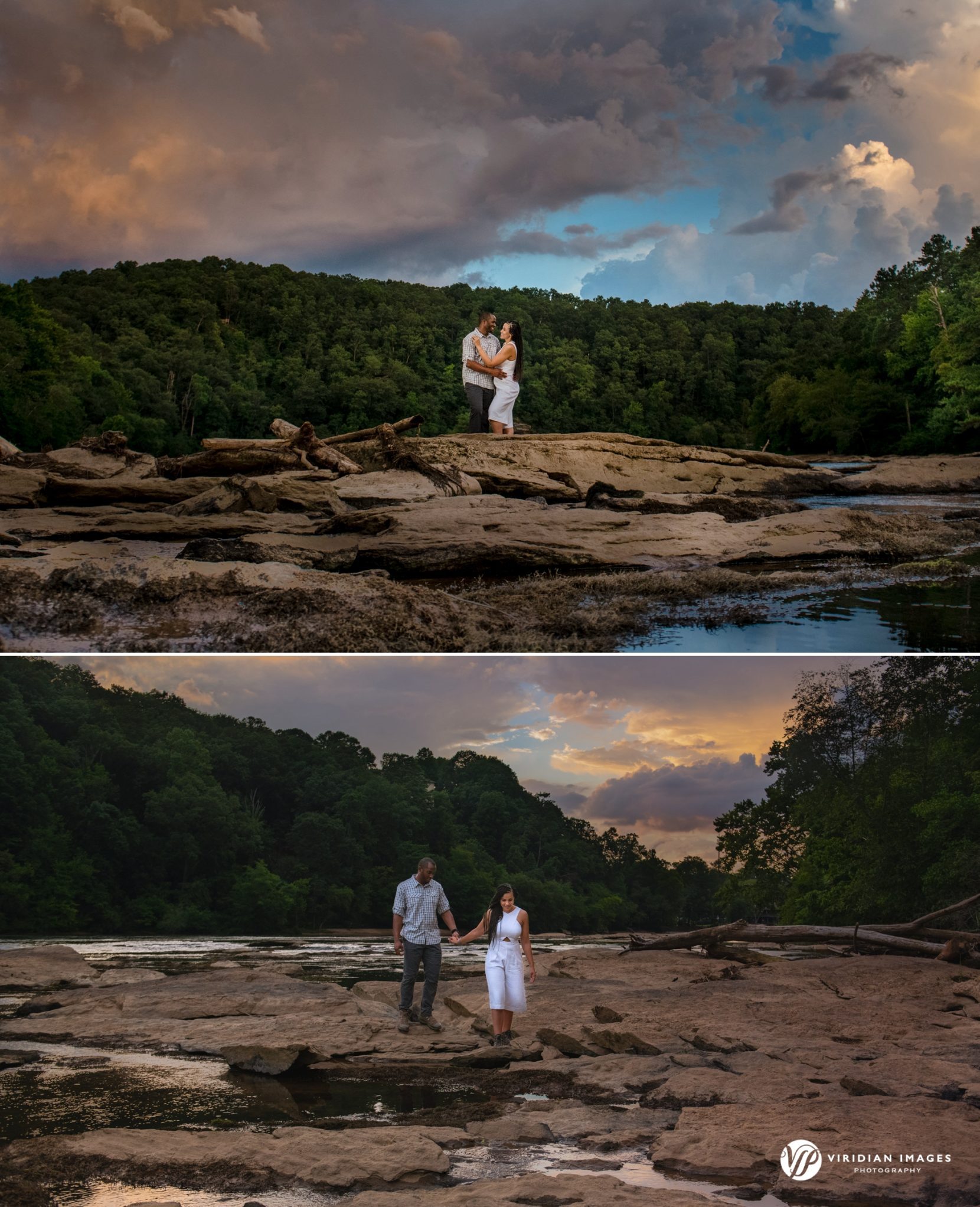 Walking hand-in-hand on exposed rock along Chattahoochee River at East Palisades engagement