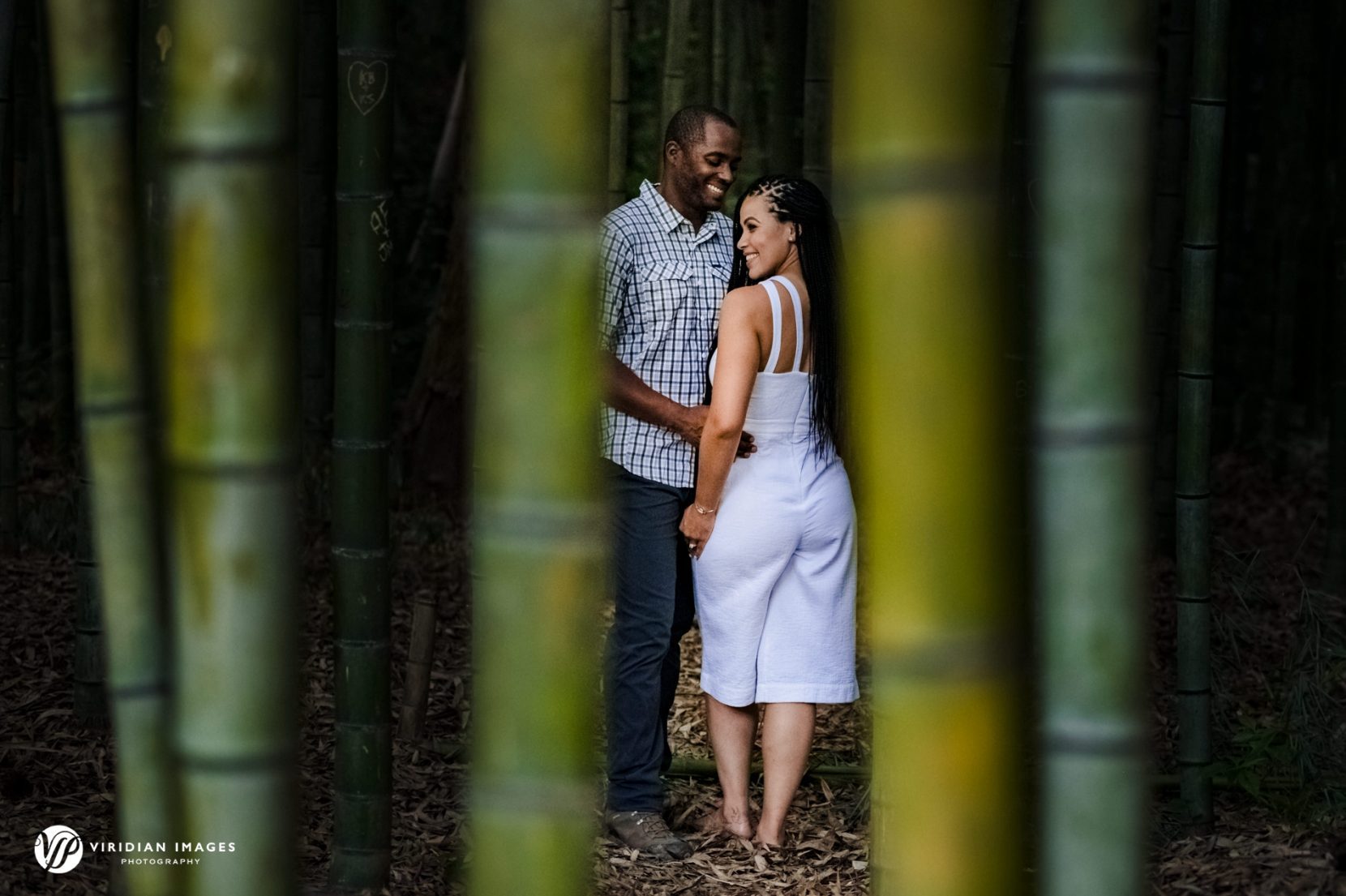 Couple portrait through bamboo stalks during engagement session at East Palisades Trail Atlanta