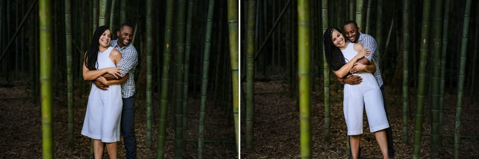 Couple laughing while holding each other during engagement session in the bamboo forest