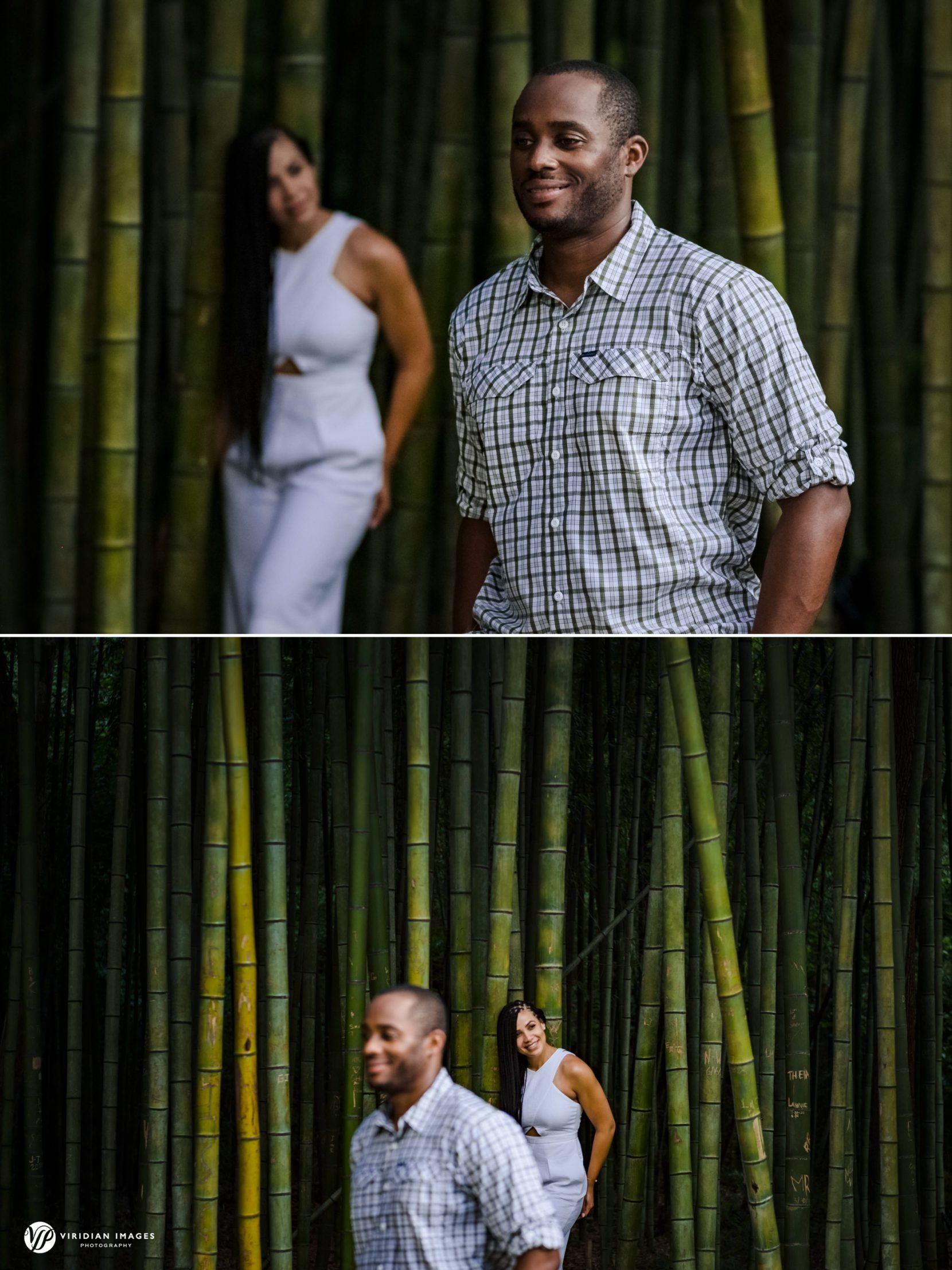 Fun photos during engagement session among the bamboo stalks at East Palisades Trail off Chattahoochee River