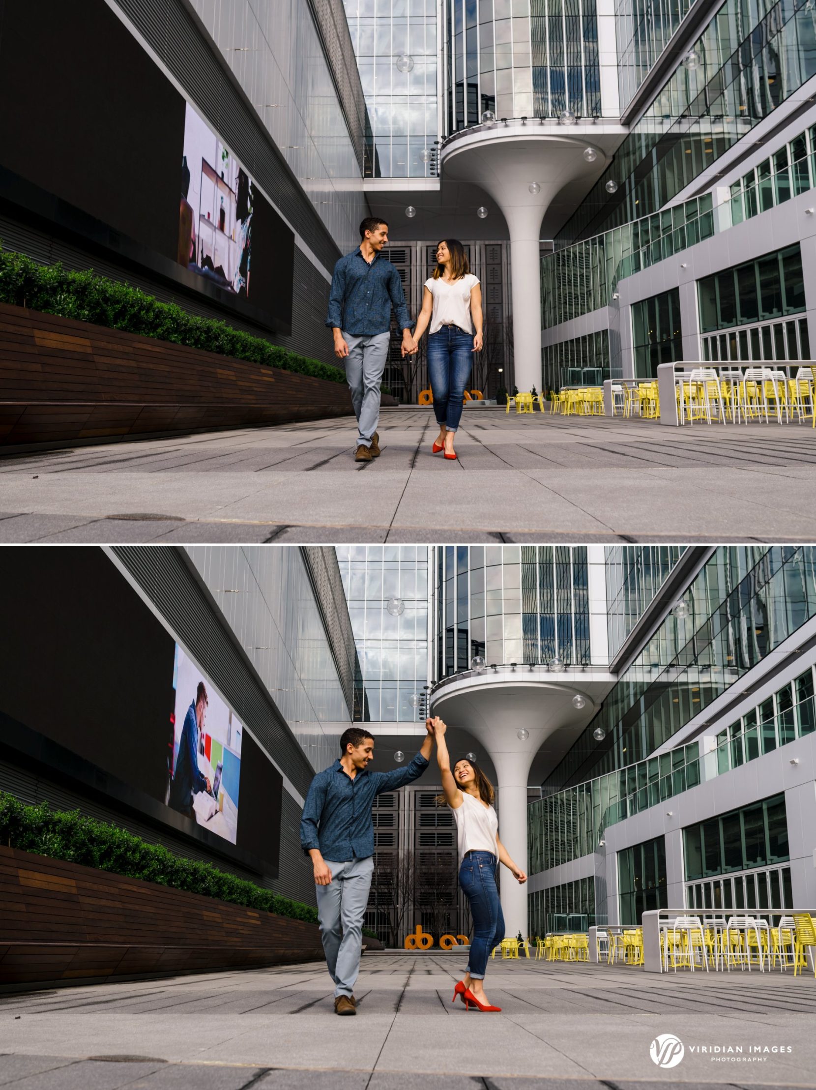 Bodybuilding couple walk through Georgia Tech campus during engagement session