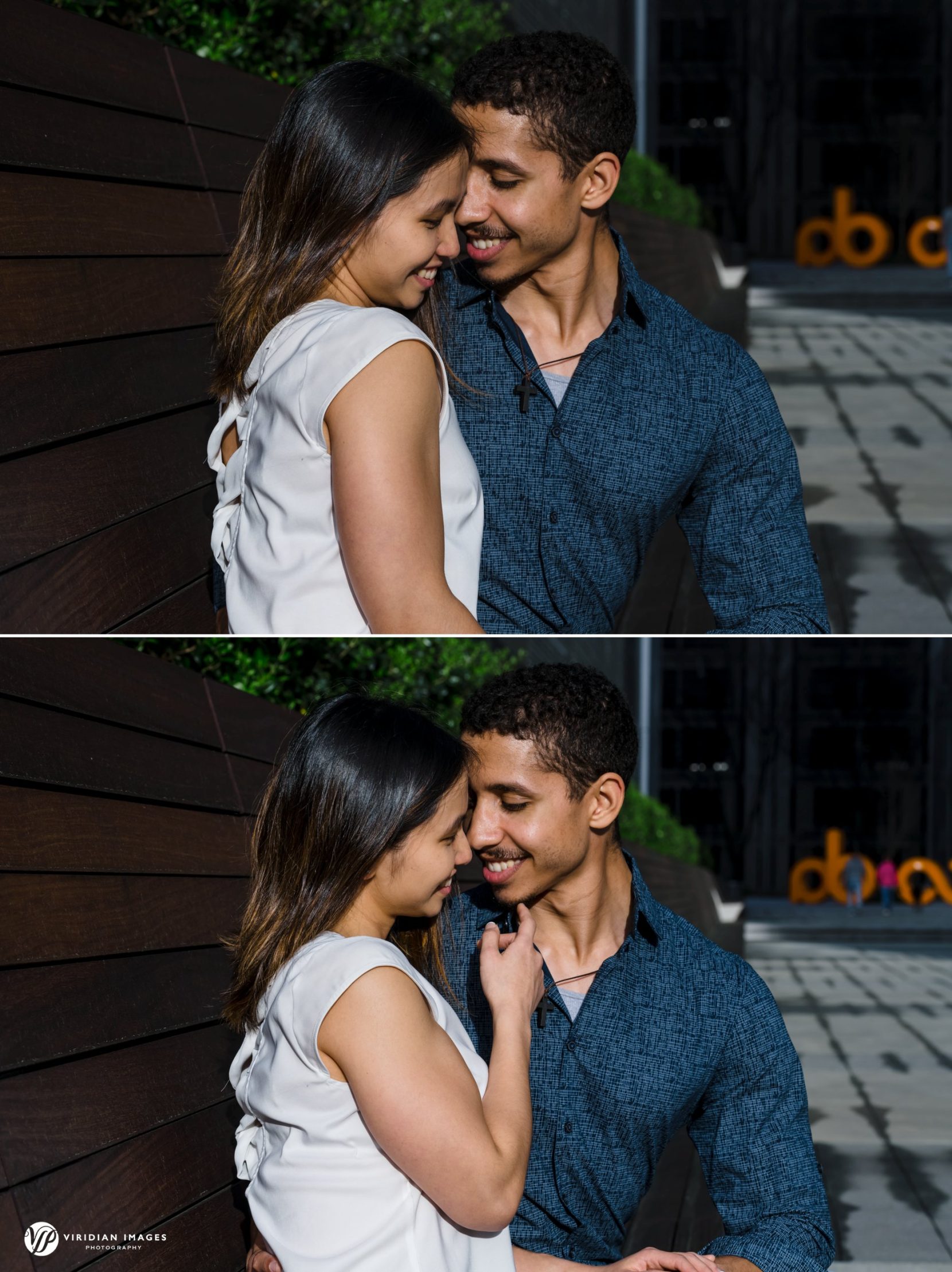 Romantic engaged couple sitting on bench outside CODA building during Atlanta engagement session
