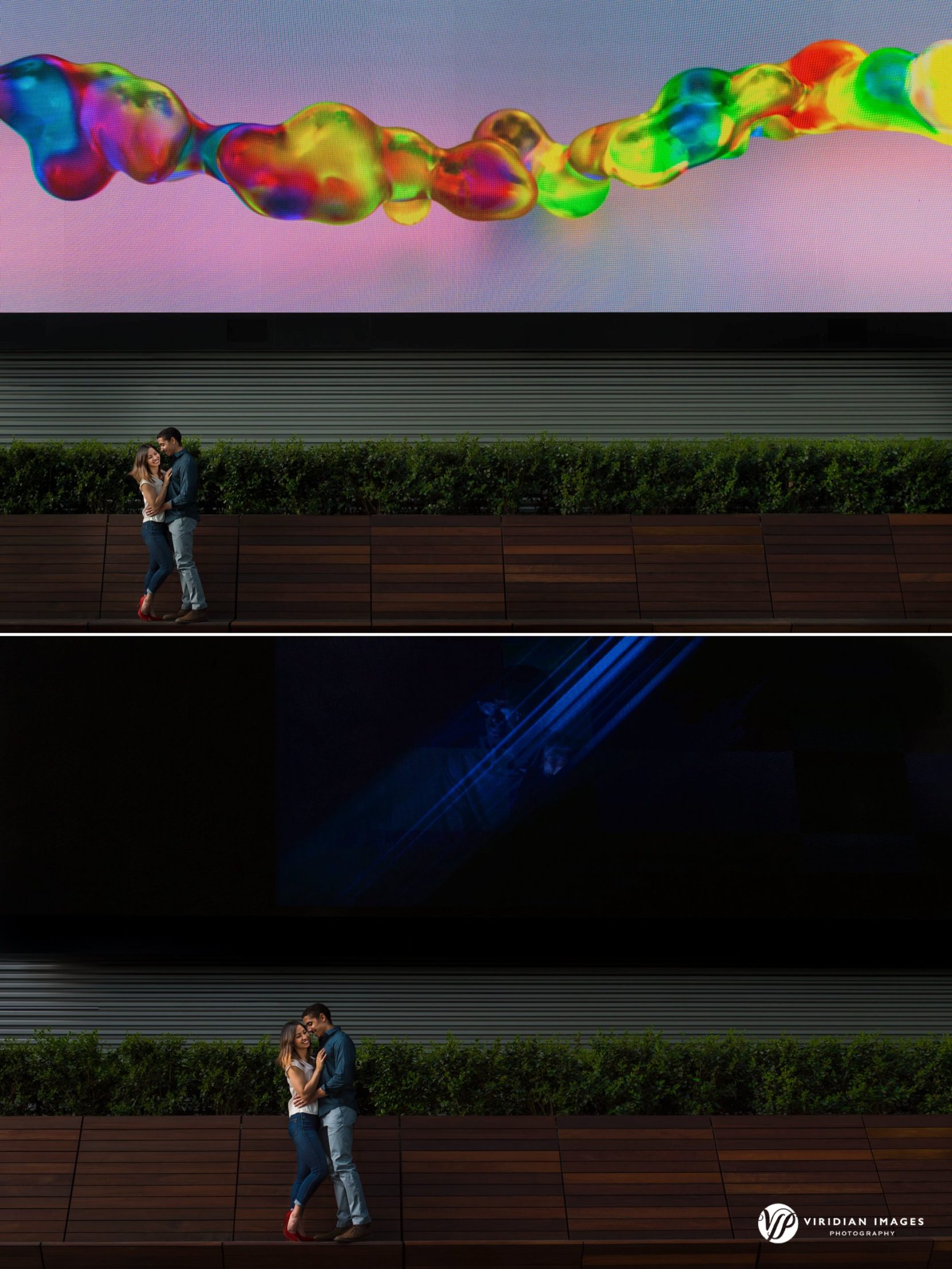 Georgia couple posing in front of jumbo video screen during engagement session at Georgia Tech