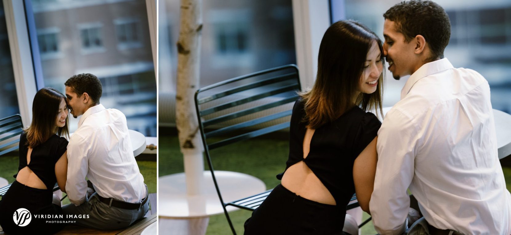 Couple shares romantic moment sitting at Georgia Tech lobby during engagement session
