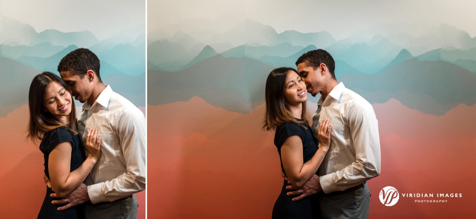 Engaged couple embrace in front of mural inside Georgia Tech campus