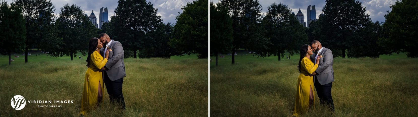 Fun and romantic portrait of couple on grass at Piedmont Park yellow dress and sports coat