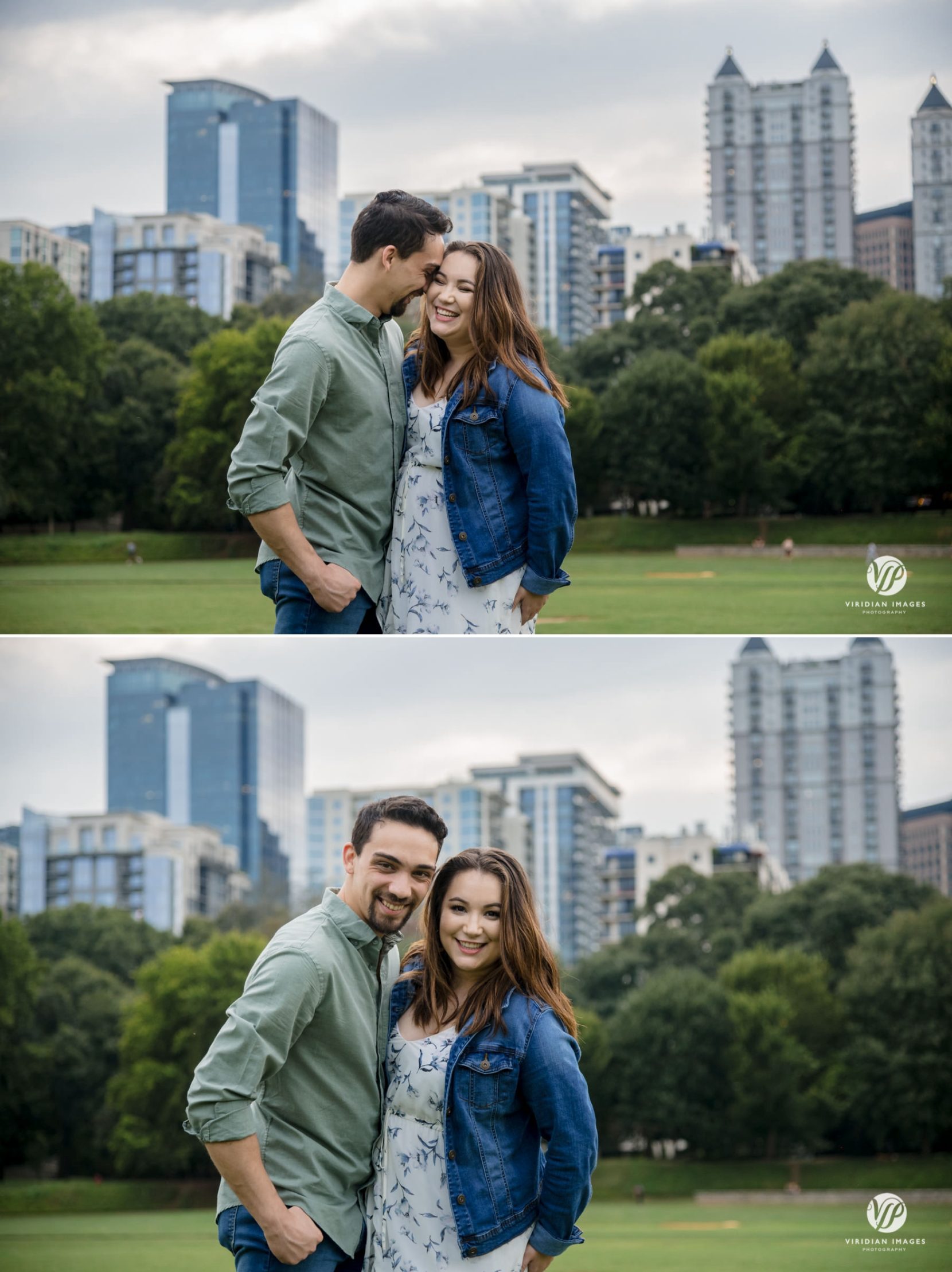Engaged couple laughing with Atlanta city skyline in background