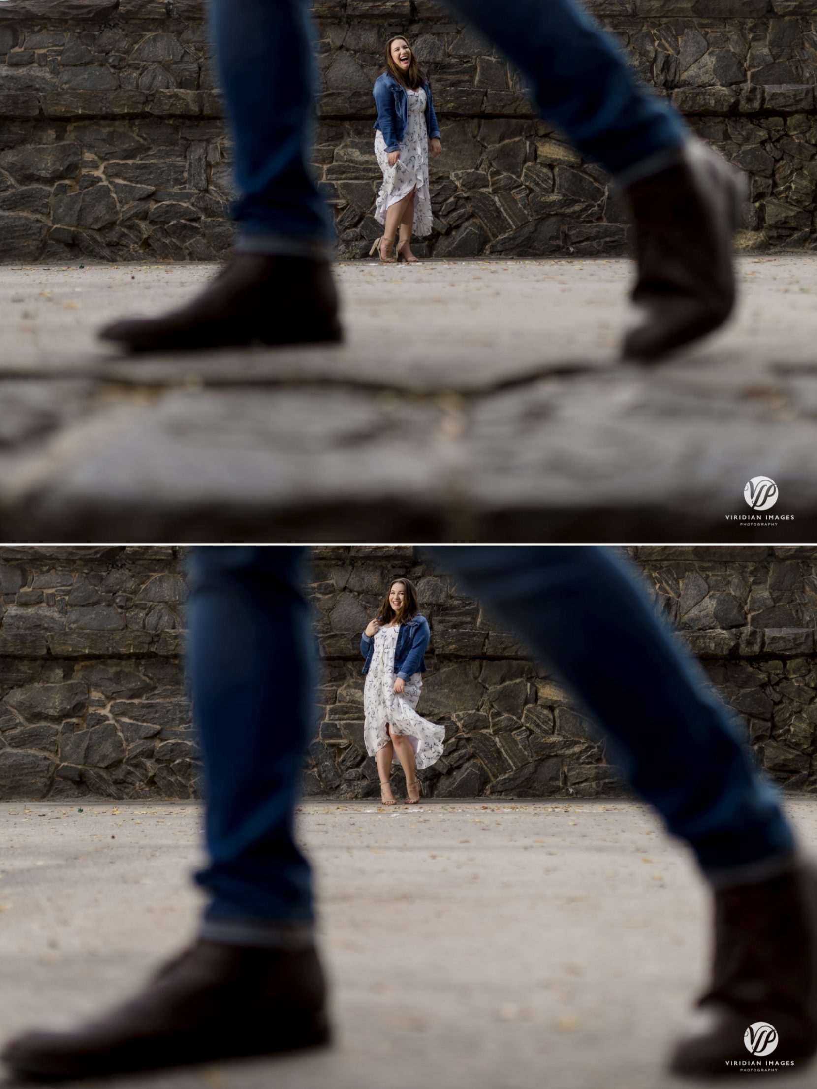Bride-to-be framed by groom-to-be legs during their Atlanta engagement photos