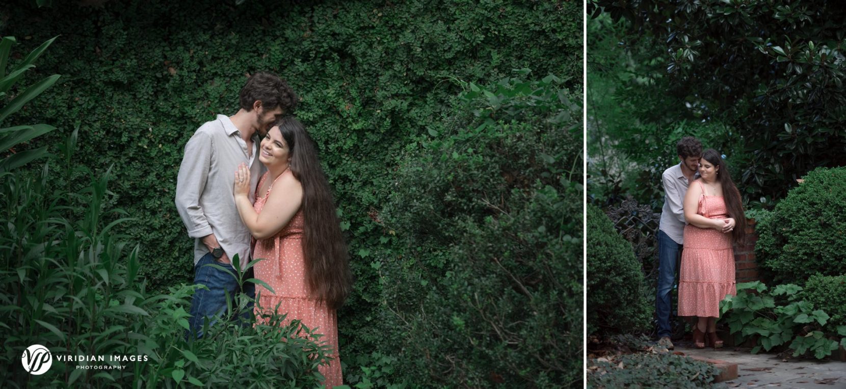Engaged couple embrace and portrait against live green wall at UGA park