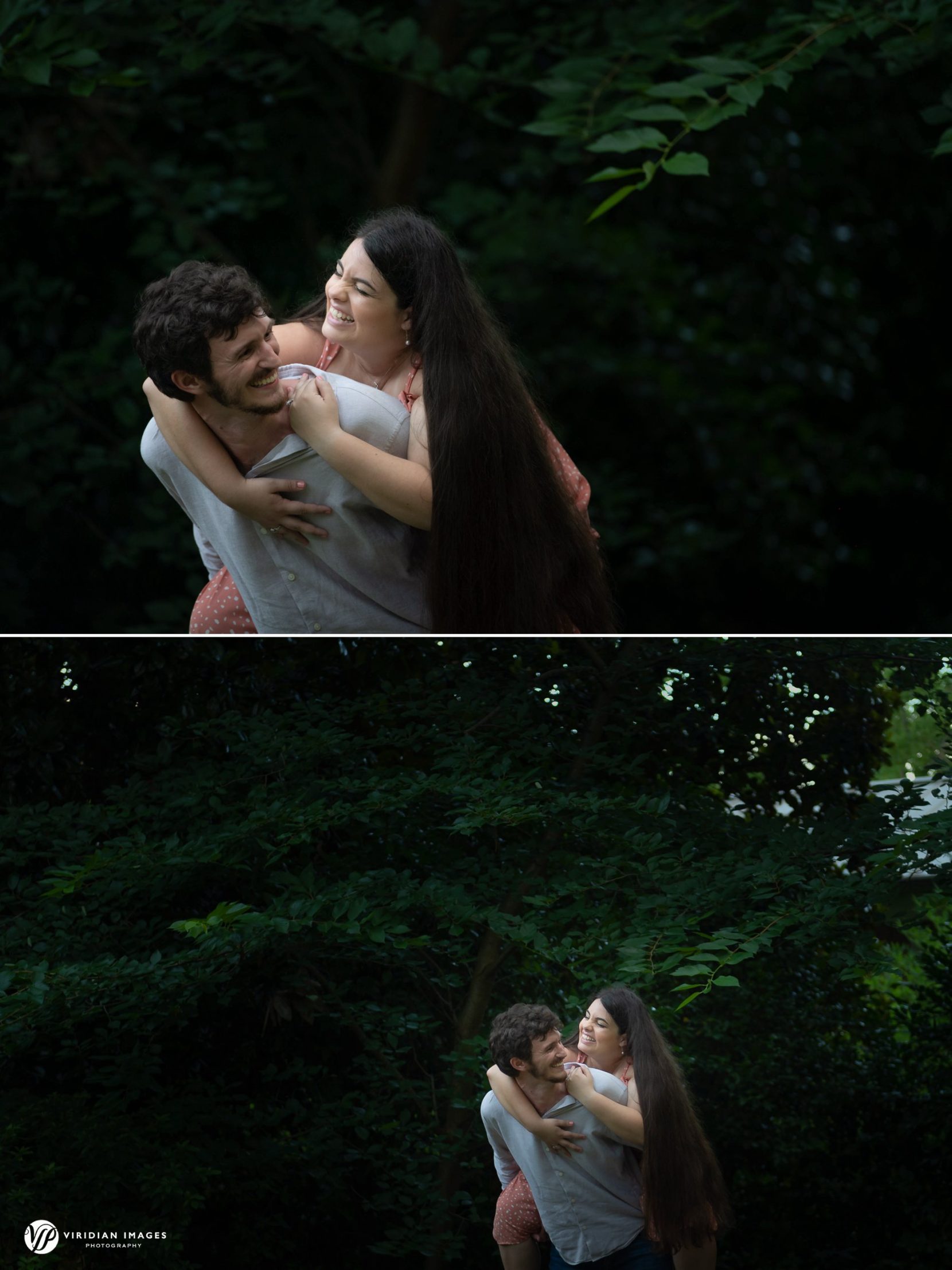 Playful moment piggy back during engagement photos at UGA north campus