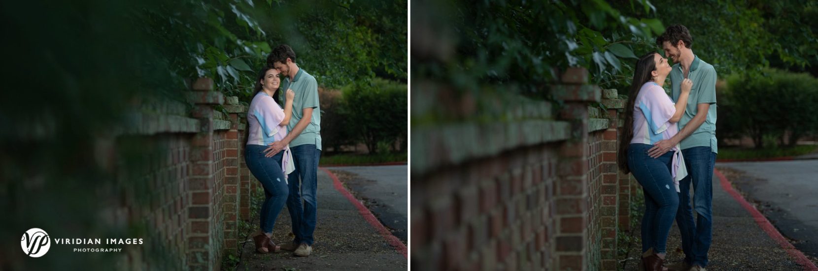 Engaged couple standing against brick wall and pathway at UGA Athens, GA