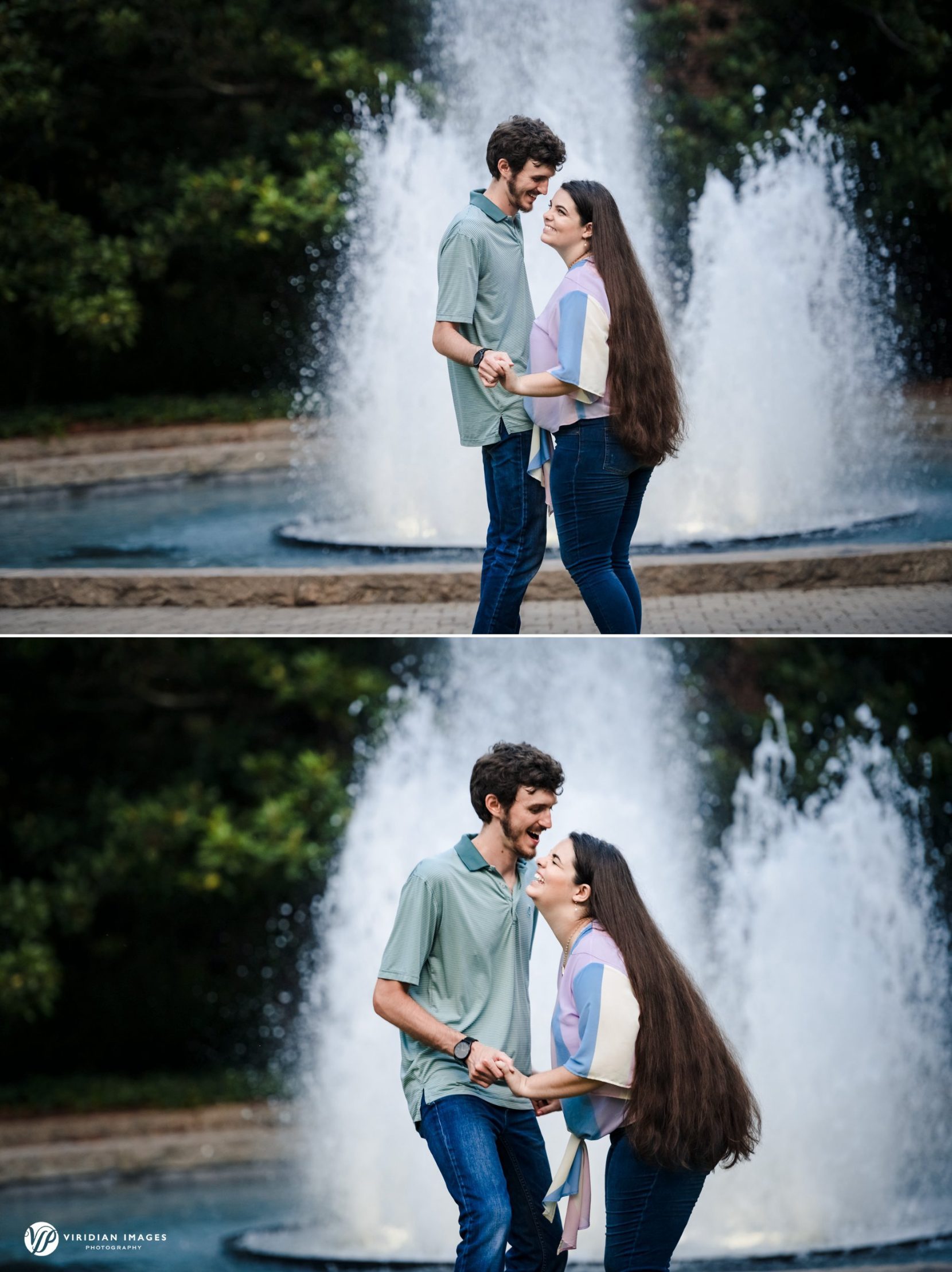 Couple standing in front of fountain, during Athens, GA engagement session.