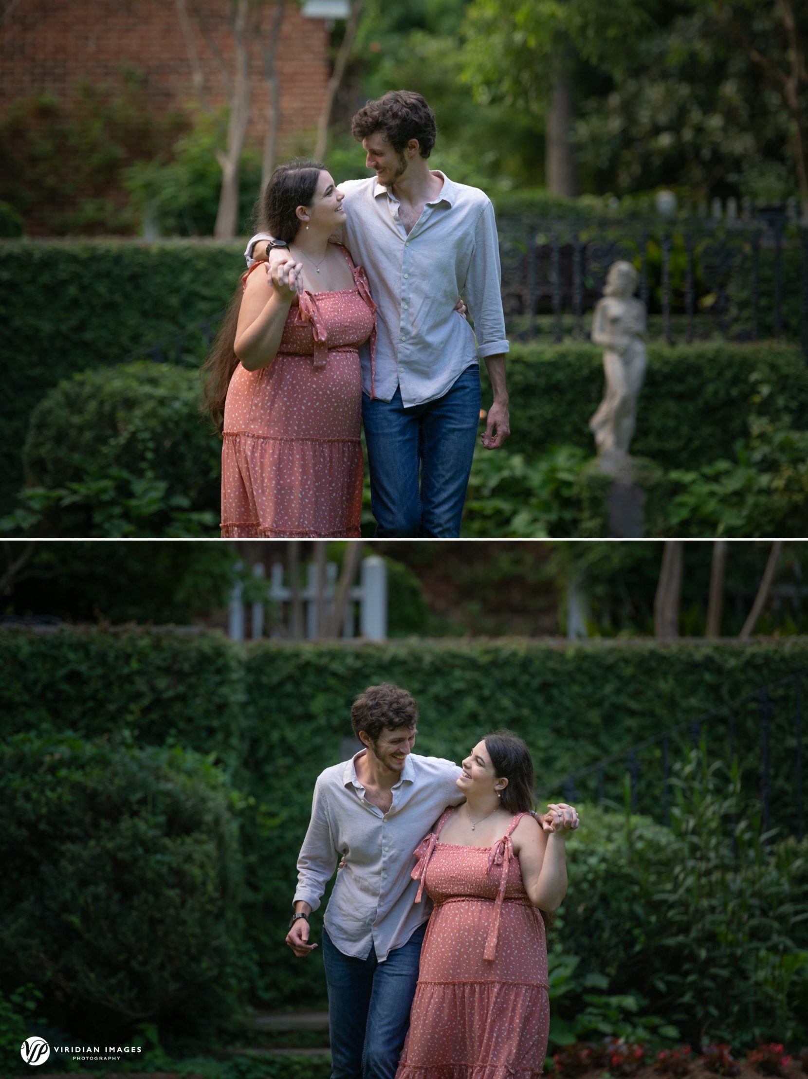 Engaged couple walking and having fun at Founders Garden at UGA North Campus in Athens, GA.