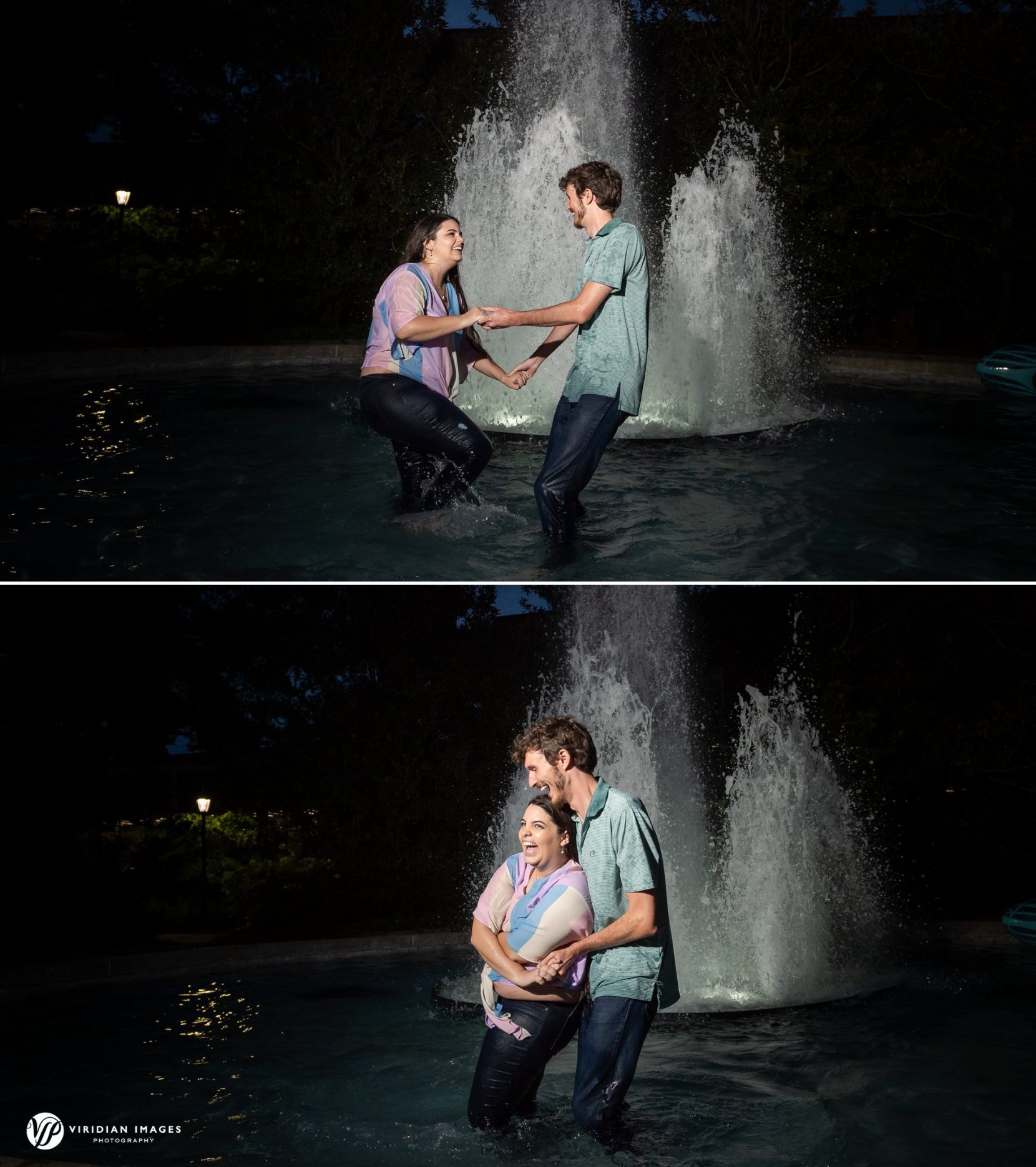 Engaged couple splashing inside UGA fountain at night