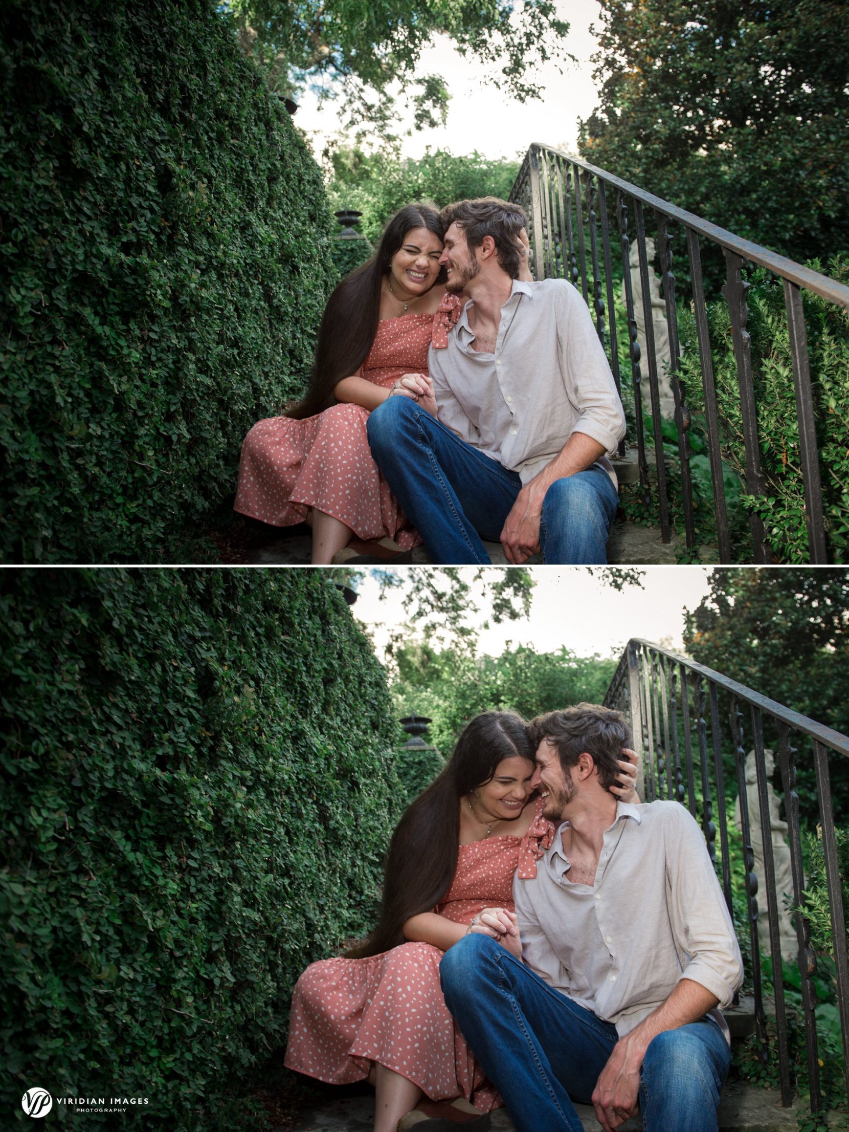 Engaged couple sitting on stairs surrounded by greenery in Founders Garden at UGA North Campus in Athens, GA.