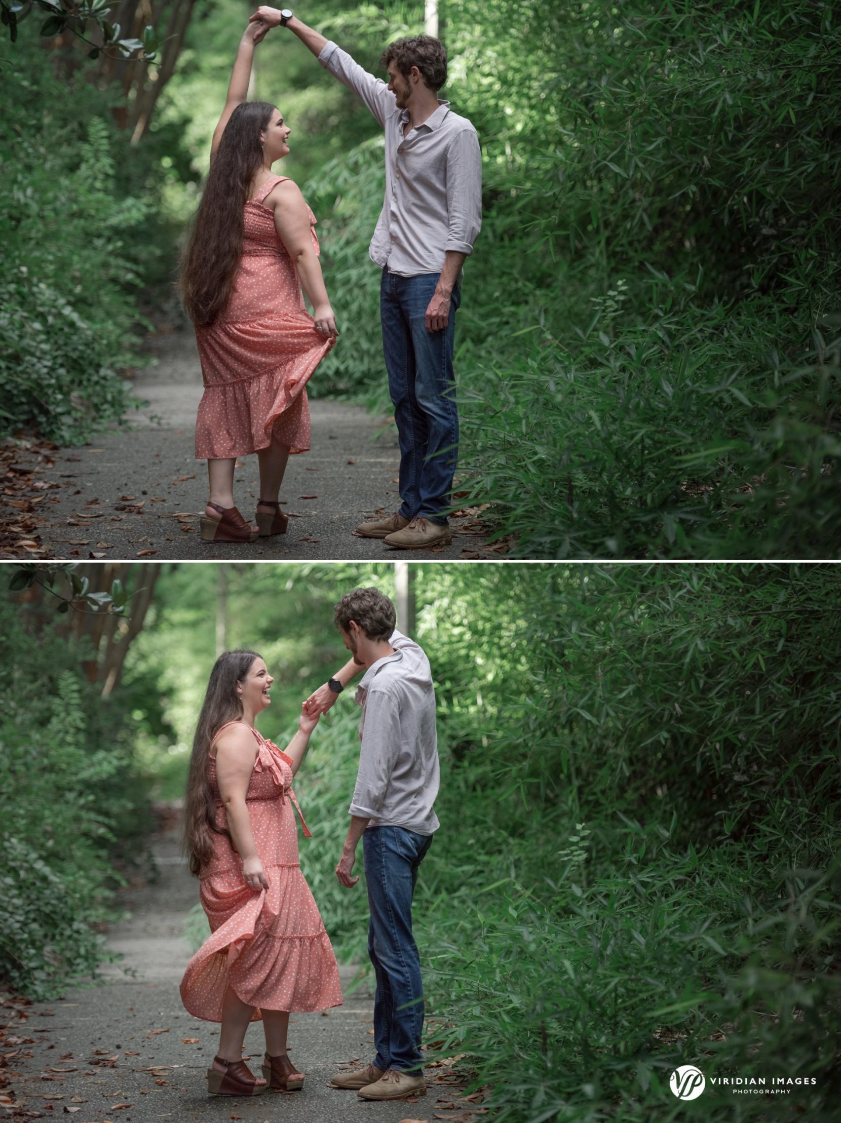 Engaged couple twirling along pathway surrounded by greenery at UGA North Campus in Athens, GA.