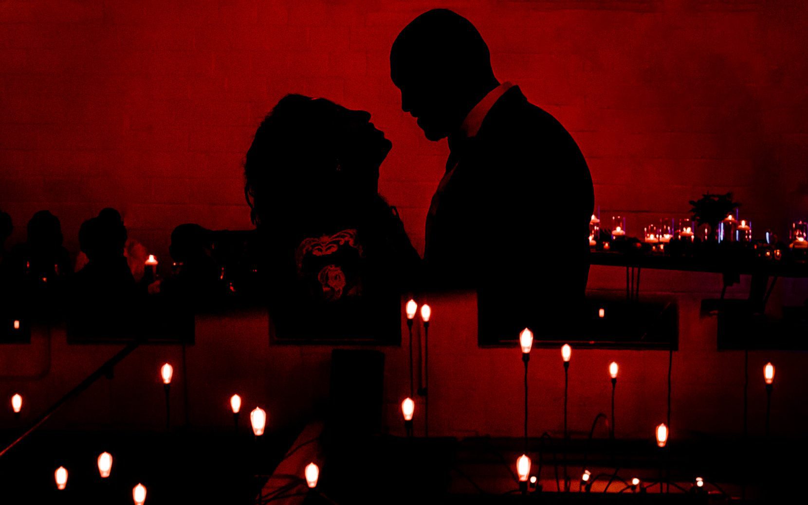 Romantic and artistic silhouette of bride and groom at Upstairs Atlanta luxury wedding photographer