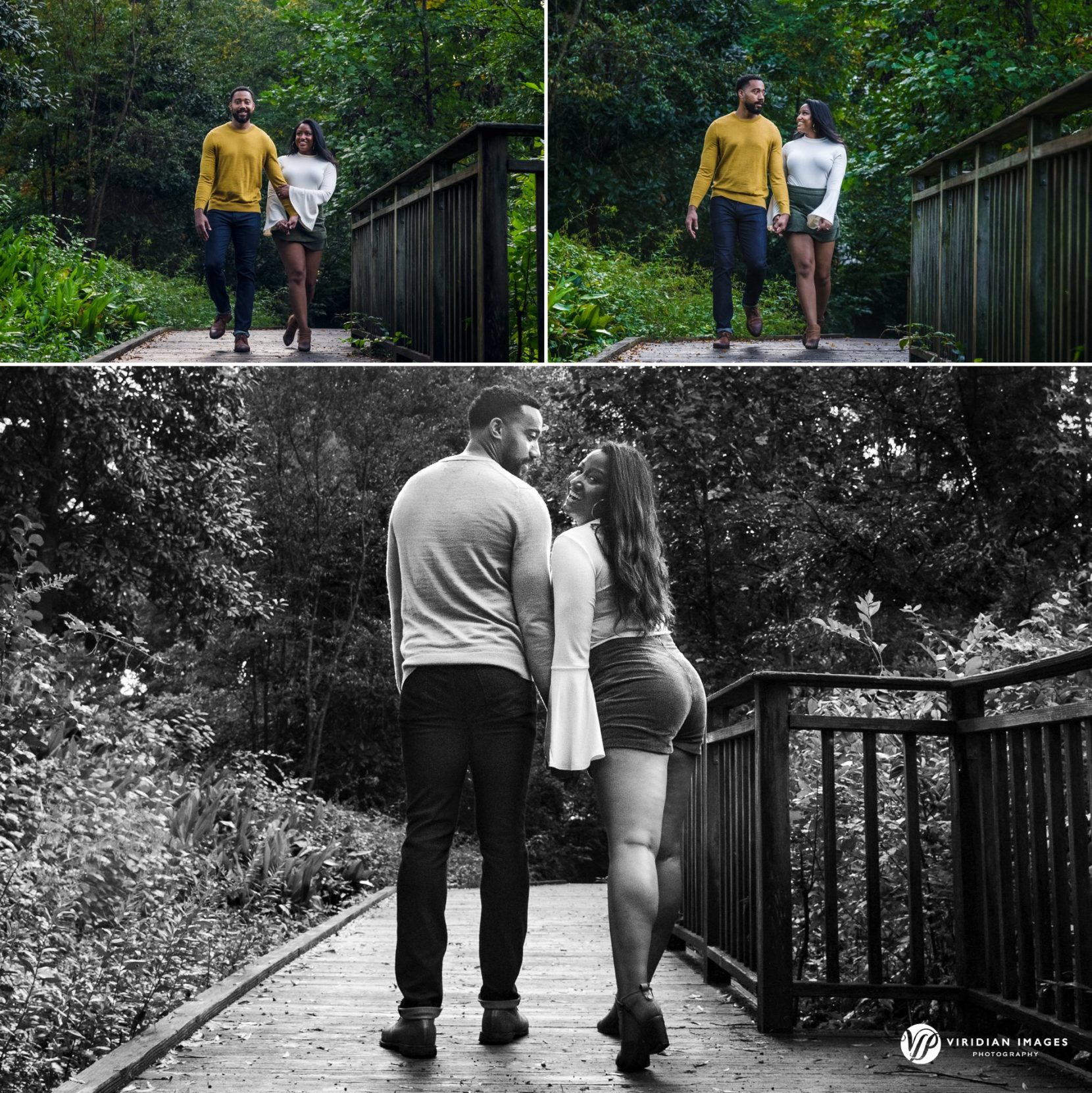 couple walking hand in hand during engagement session at piedmont park