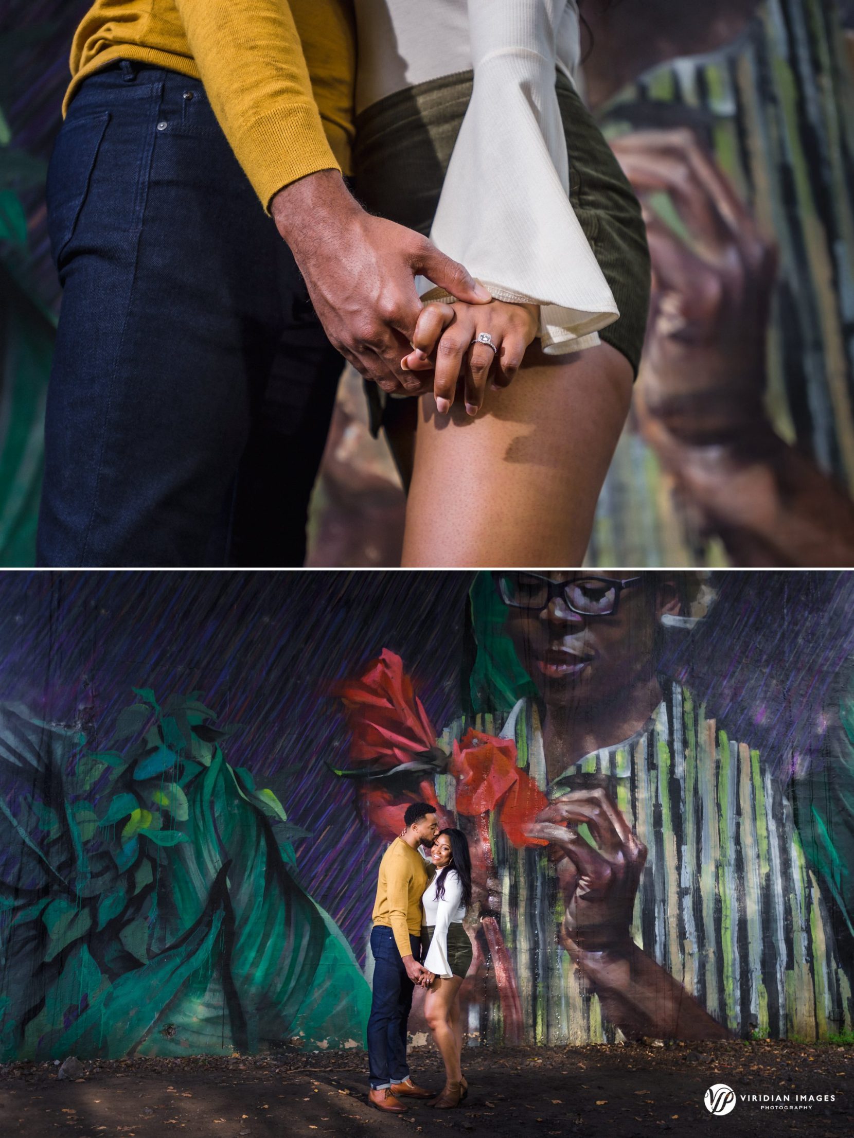 engaged couple in fall earth-tone outfits in front of mural at piedmont park