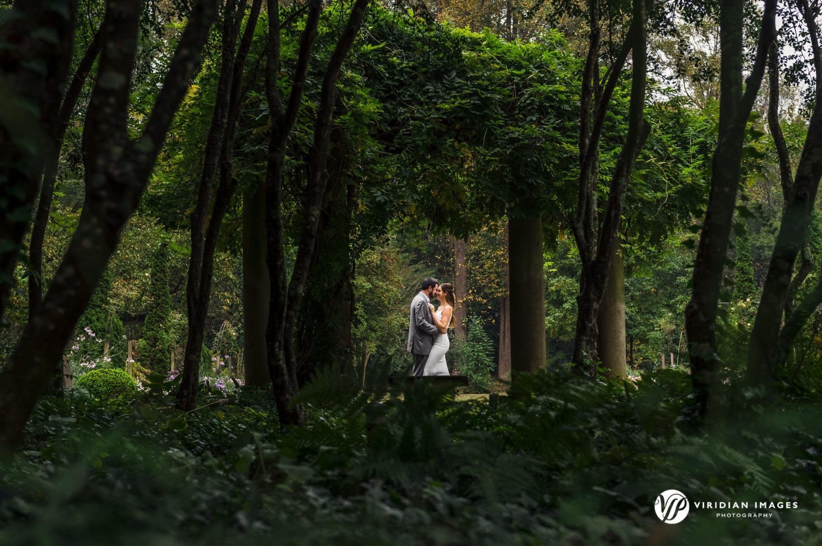 wide photo of engaged couple between stone pillars in garden