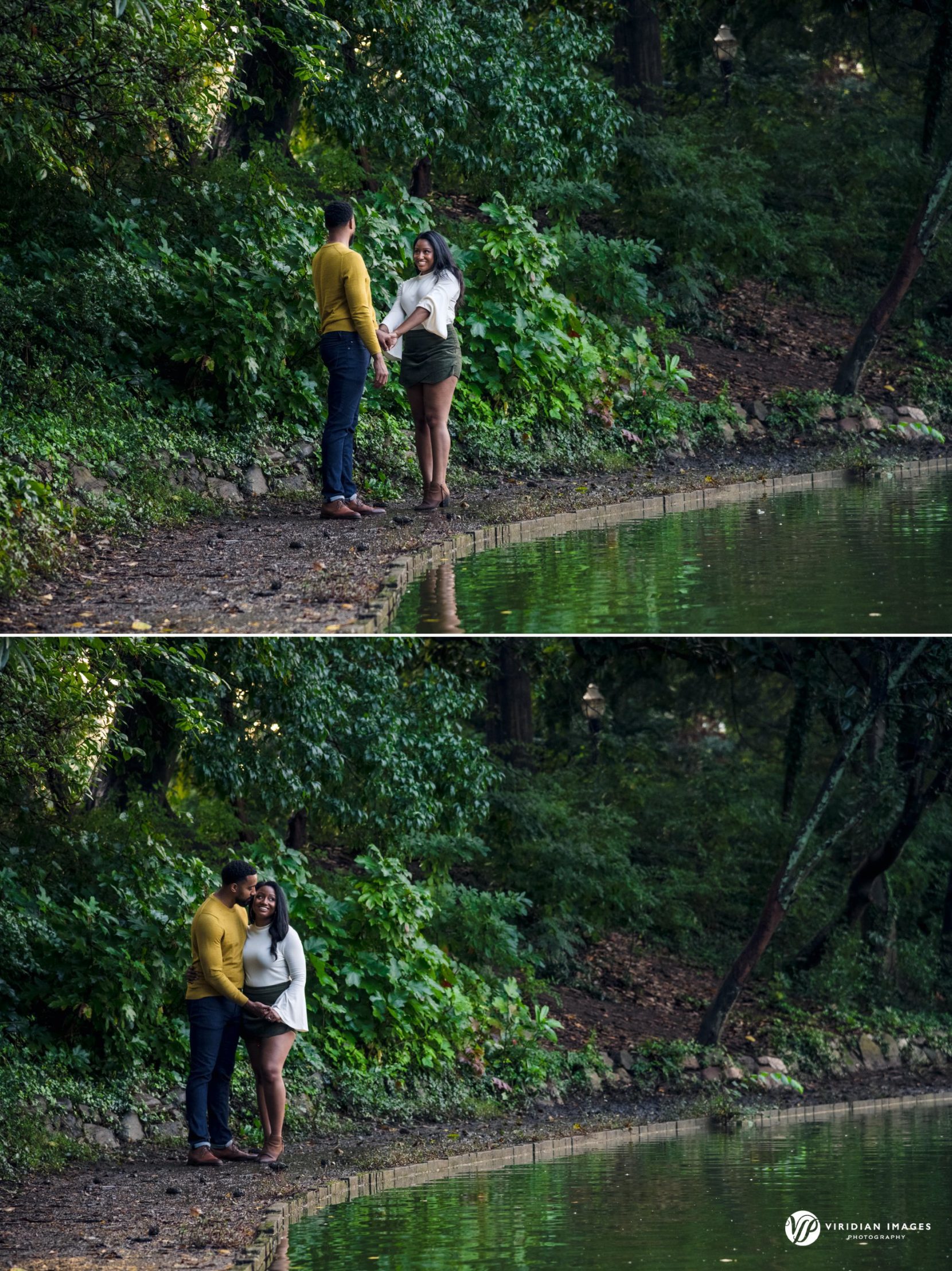 playful couple walking along lake during engagement session at piedmont park