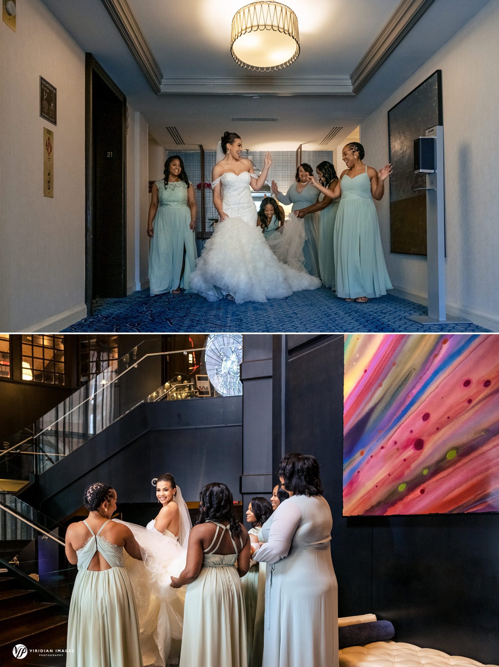 photograph of bride and bridesmaids leaving Ritz Carlton downtown Atlanta