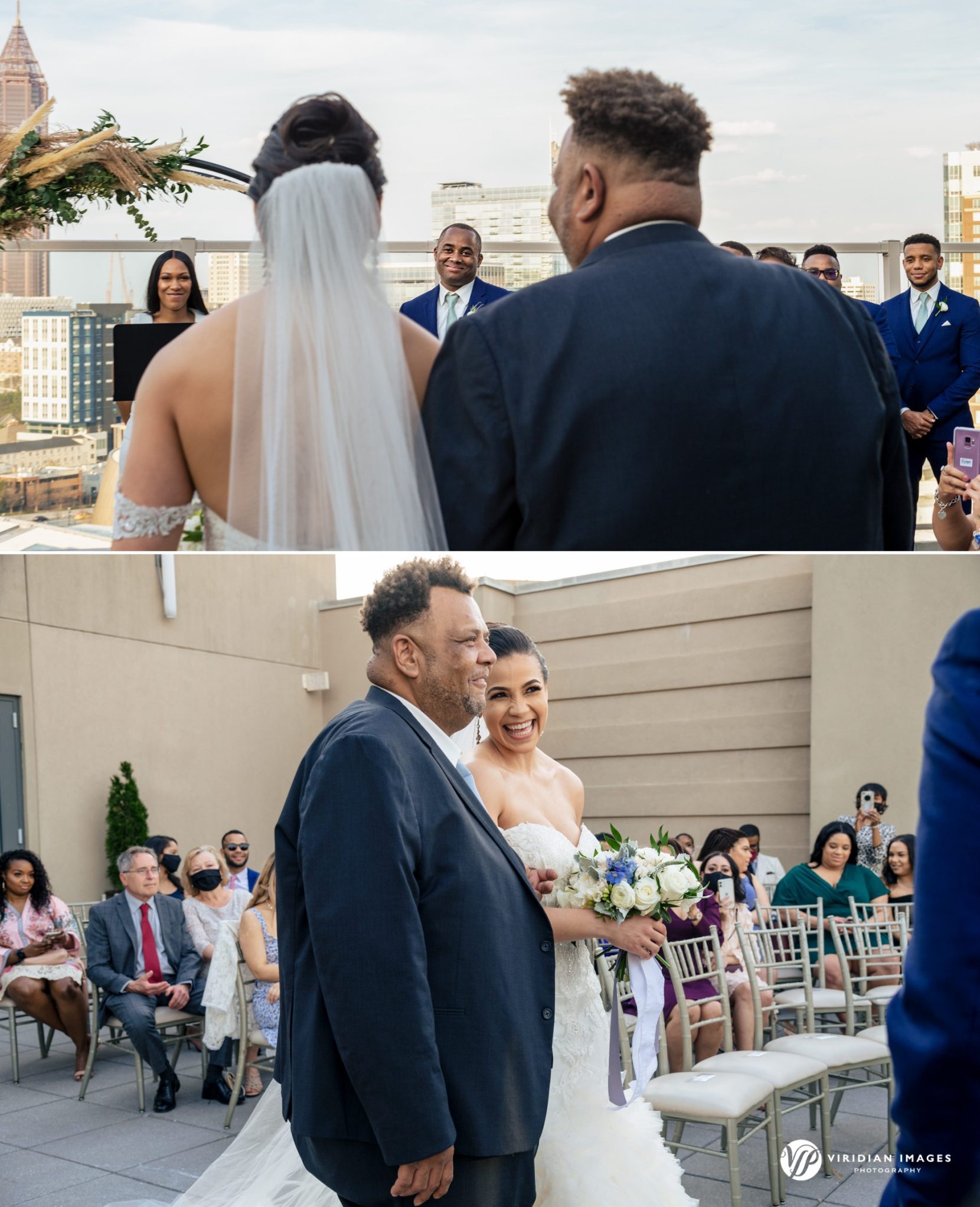 Bride coming down aisle during wedding ceremony at Ventanas Atlanta terrace