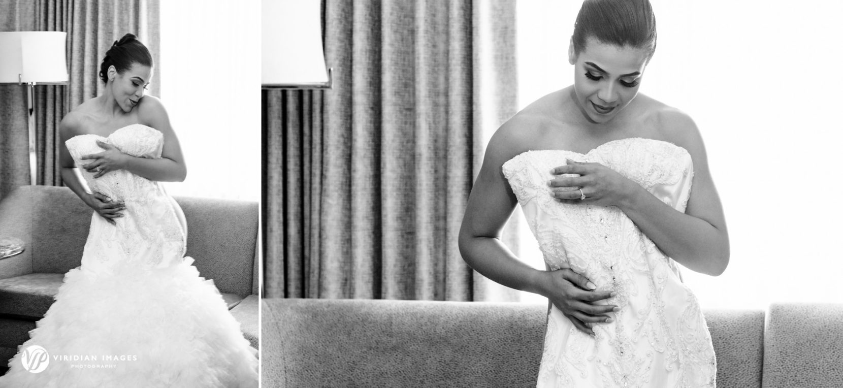 bride admiring wedding dress before putting it on 