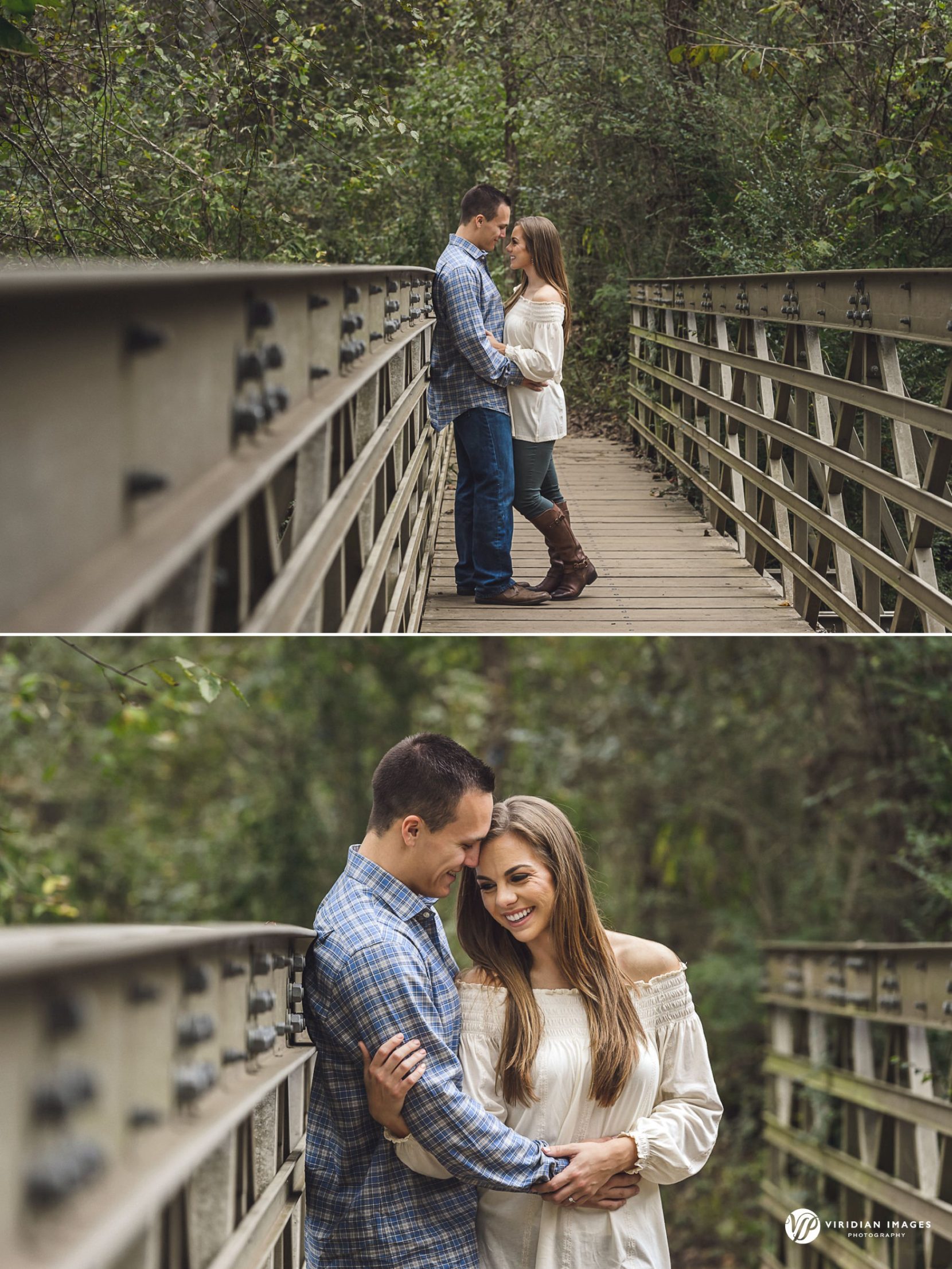 Couple stand on metal bridge during fall engagement session on the Chattahoochee River.