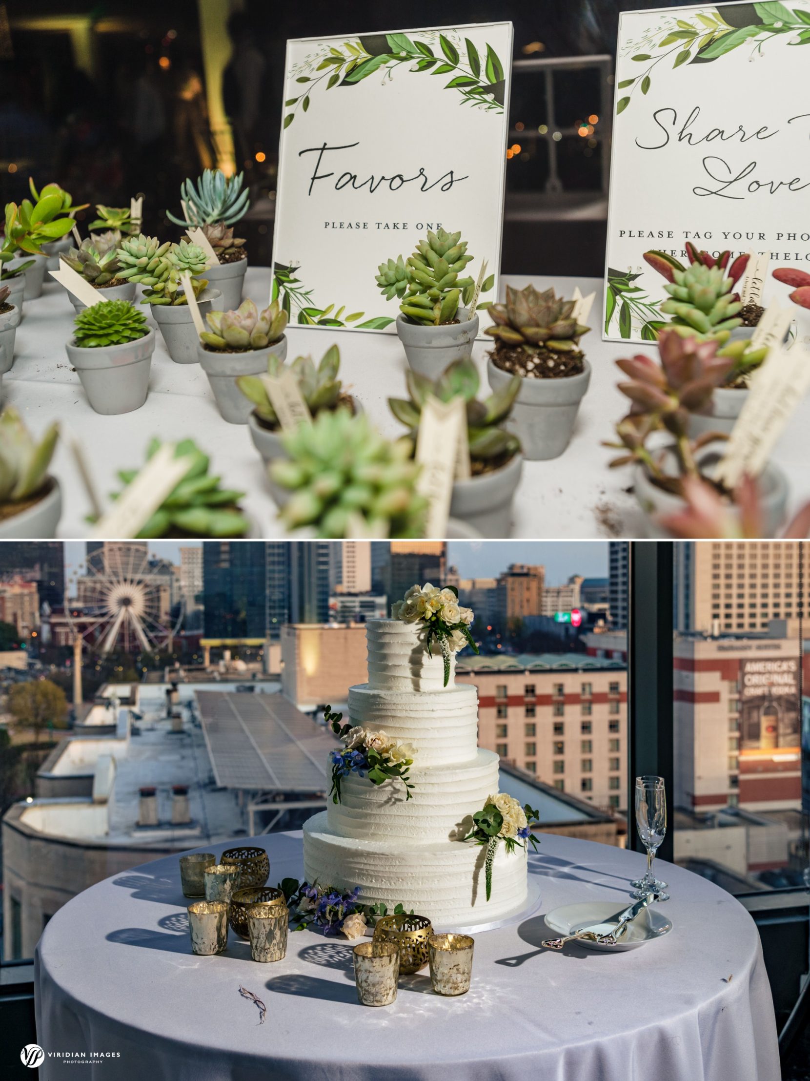 Wedding cake on table against city skyline