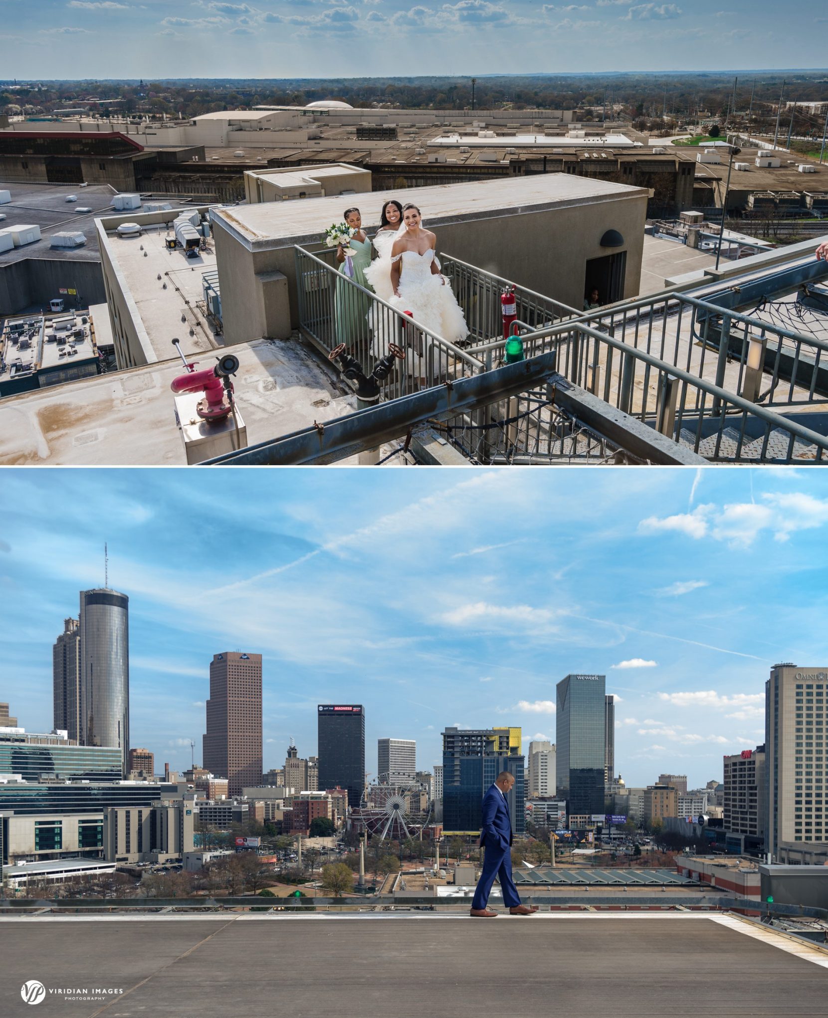 Bride and groom walking on Ventanas helipad overlooking Atlanta city skyline