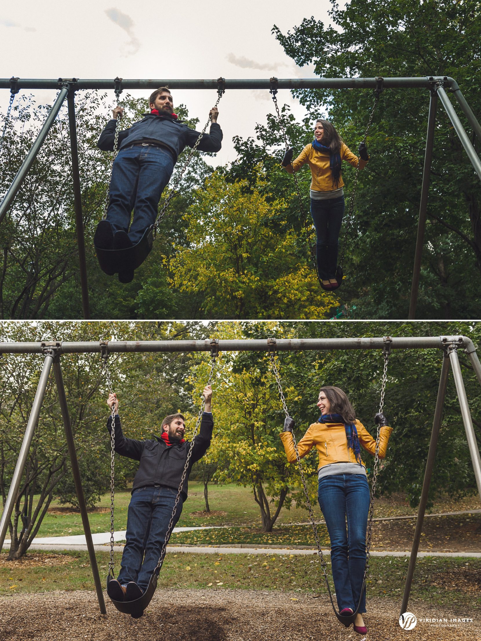 Playful moment of the couple swinging together during their Grant Park fall engagement session.