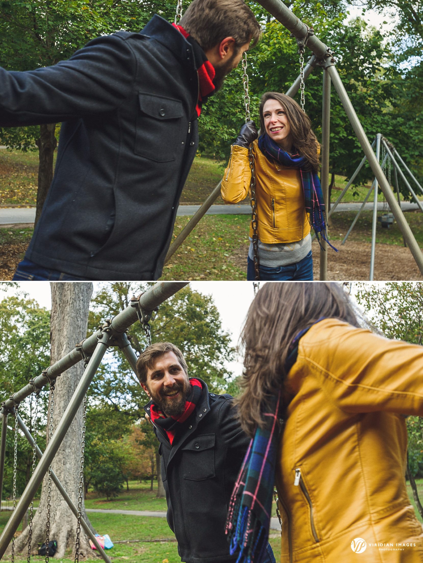 Playful moment of an engaged couple swinging together during their Grant Park fall engagement session