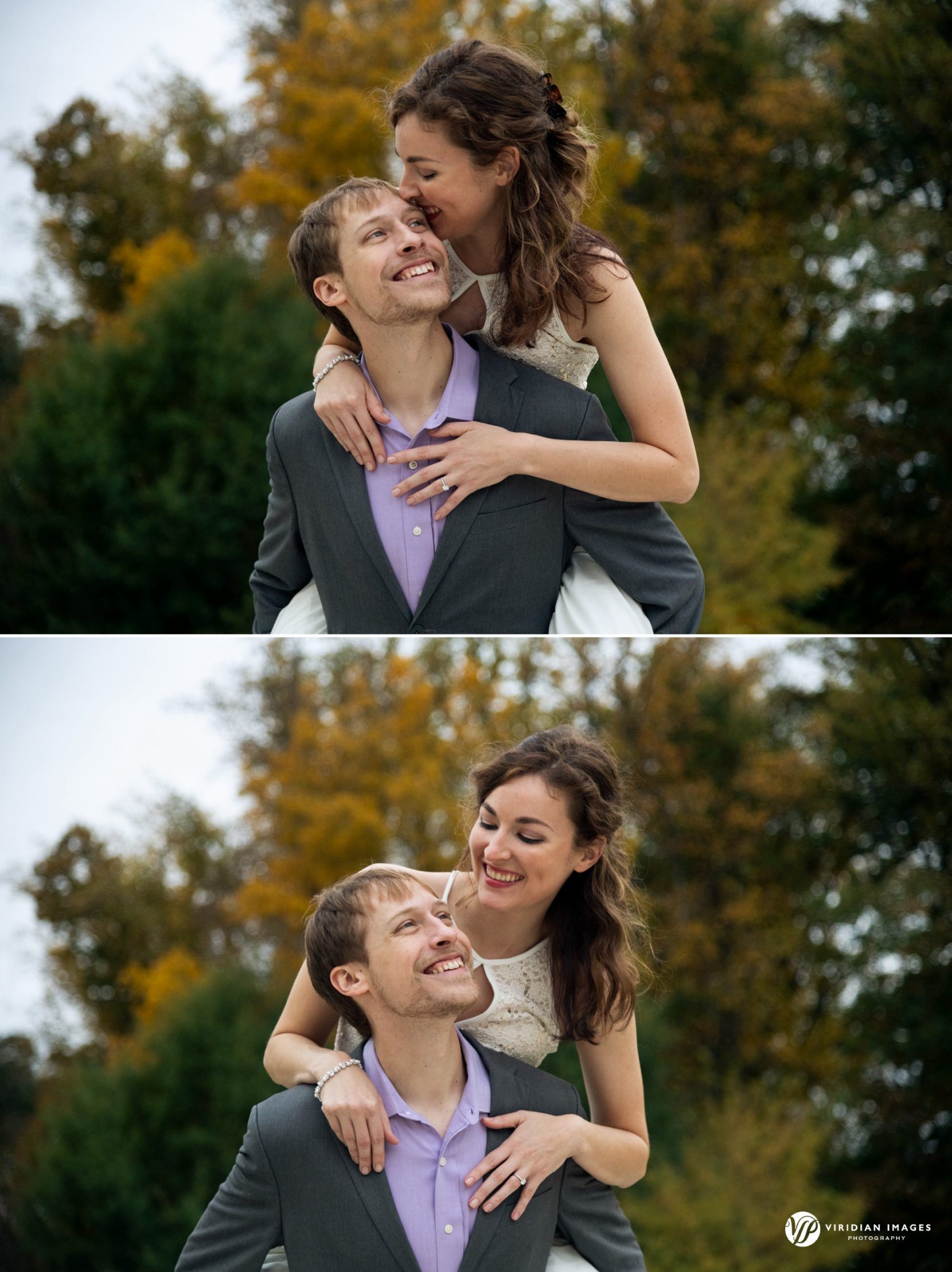 Fun and playful photos of Jenny and James during fall engagement session at Piedmont Park