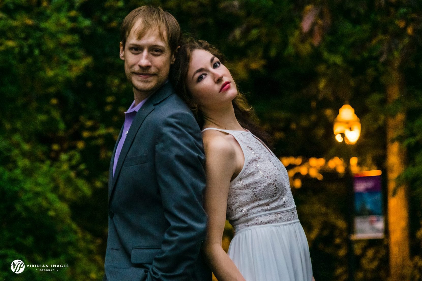 Editorial-style portrait of Jenny and James taken along a quiet path in the park.