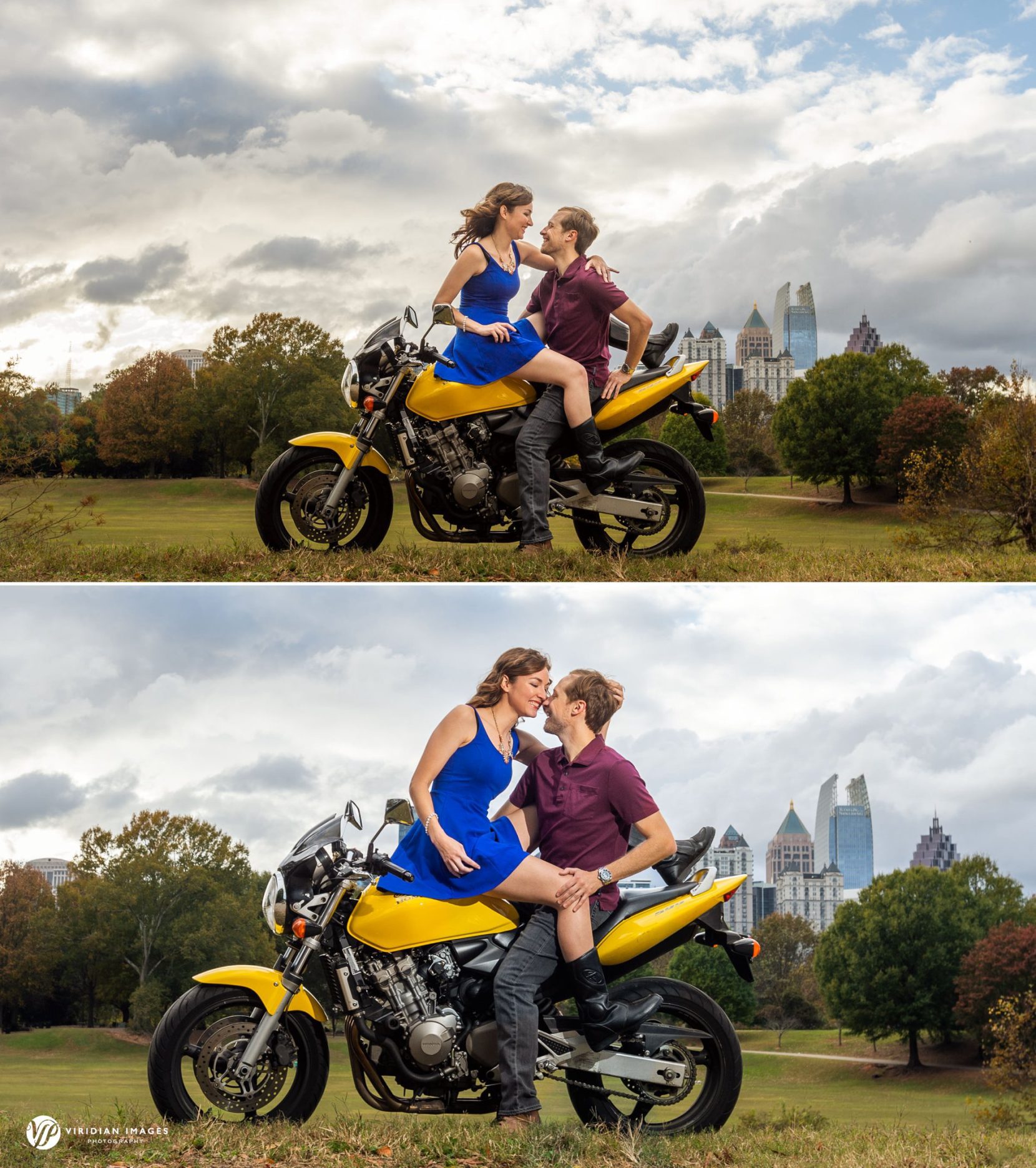 James sitting on his yellow motorcycle while Jenny embraces him during their session.