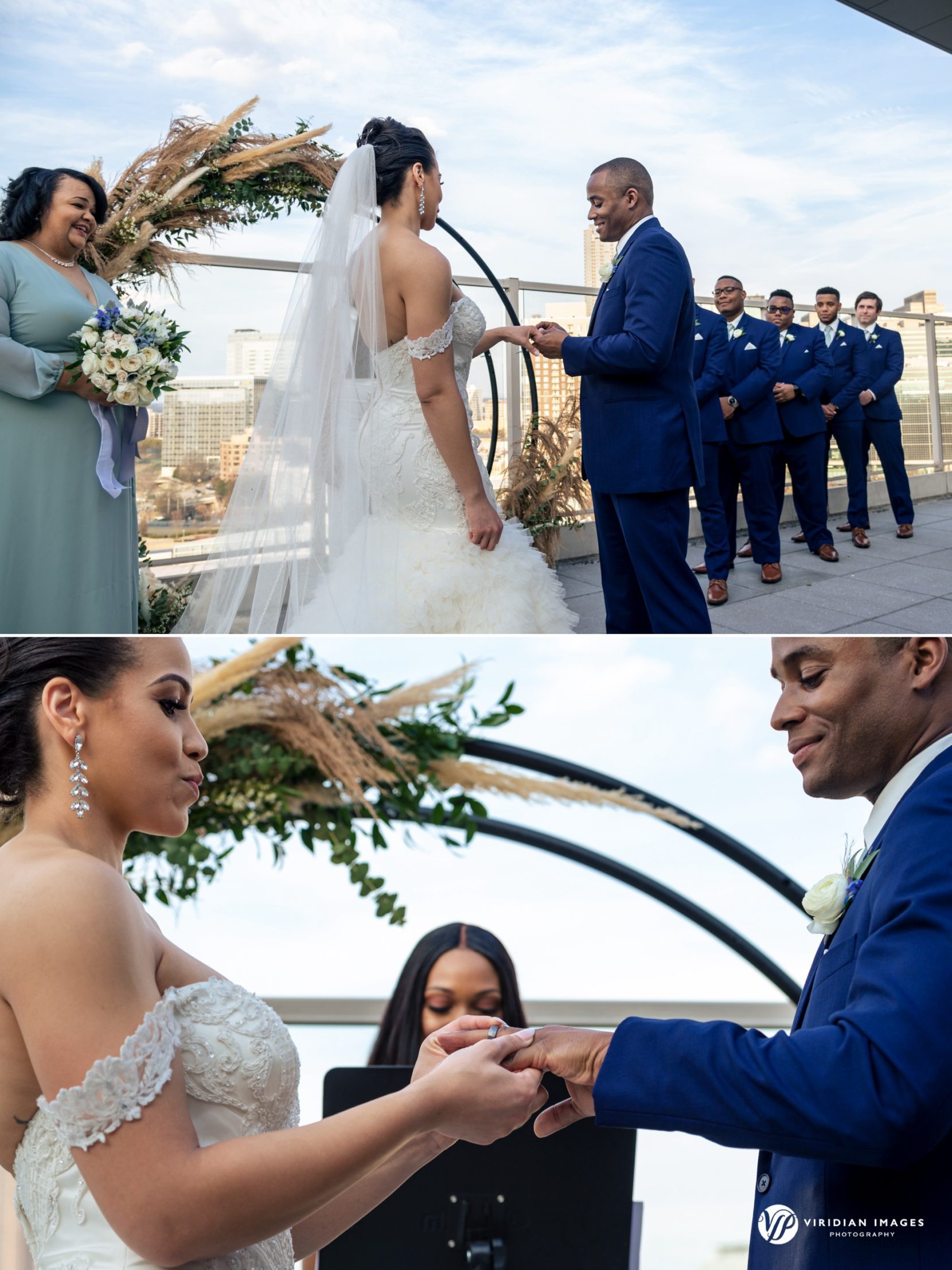 bride and groom exchange rings at Ventanas Atlanta terrace wedding