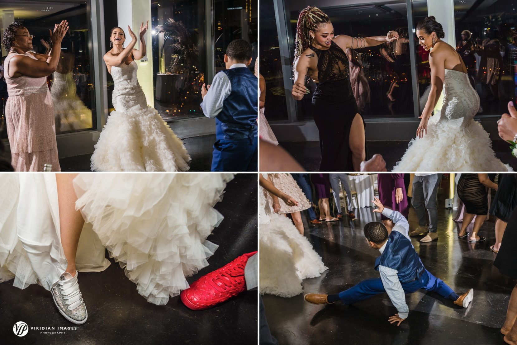 wedding reception dancing at Ventanas overlooking city skyline