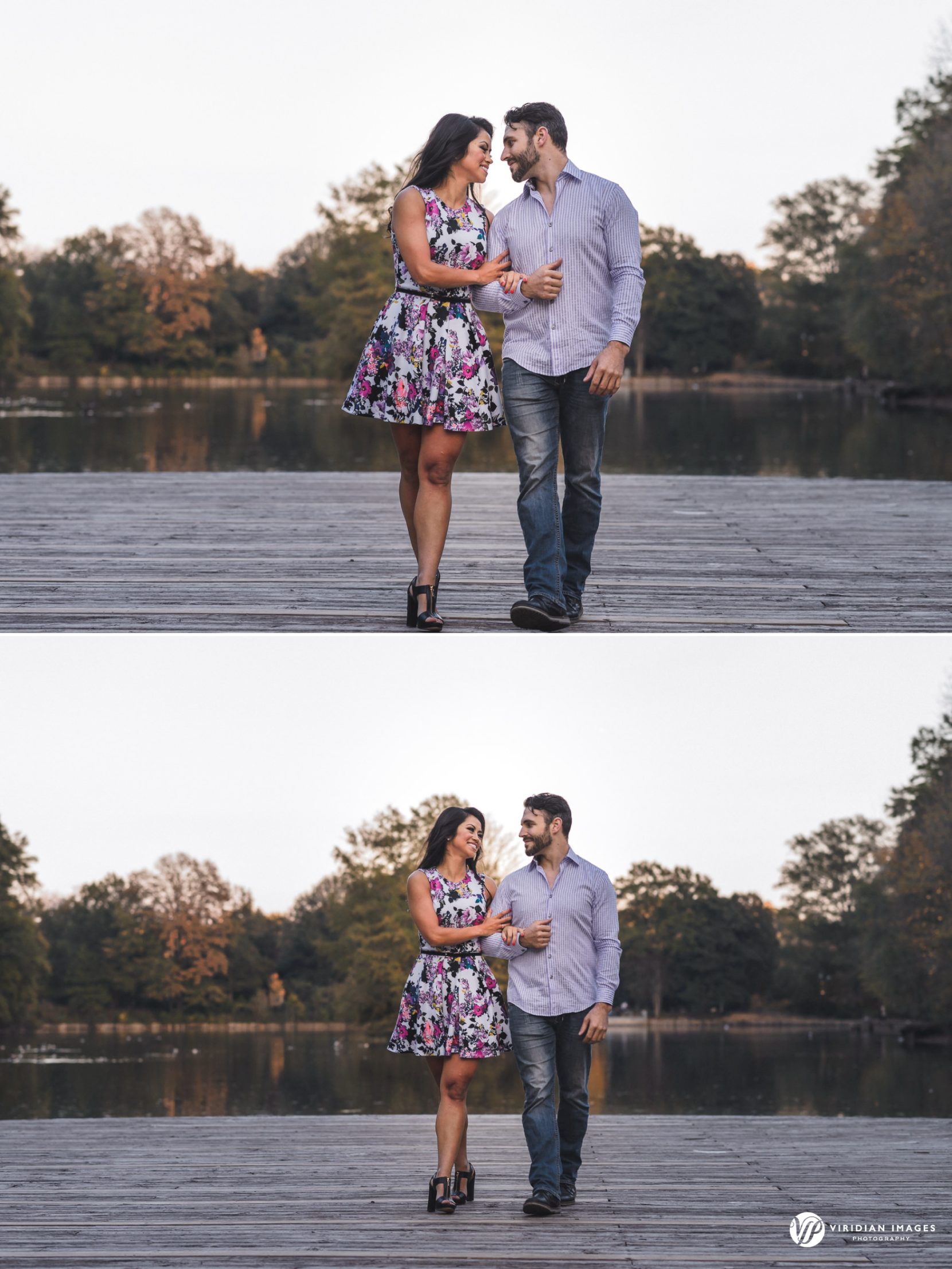 Couple walking on dock in Atlanta park