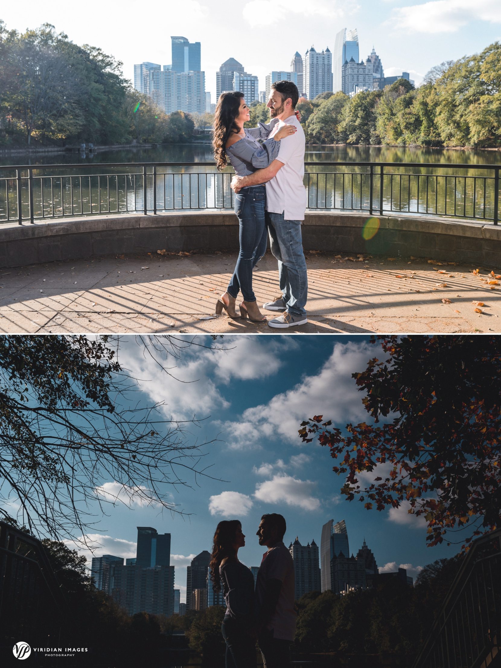 Couple standing by Lake Clara Meer with city skyline backdrop