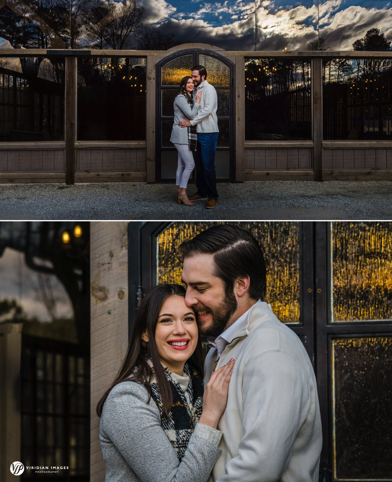Close-up of Kelly and Kyle in front of pavilion glass wall during winter engagement session at Rocky Lake