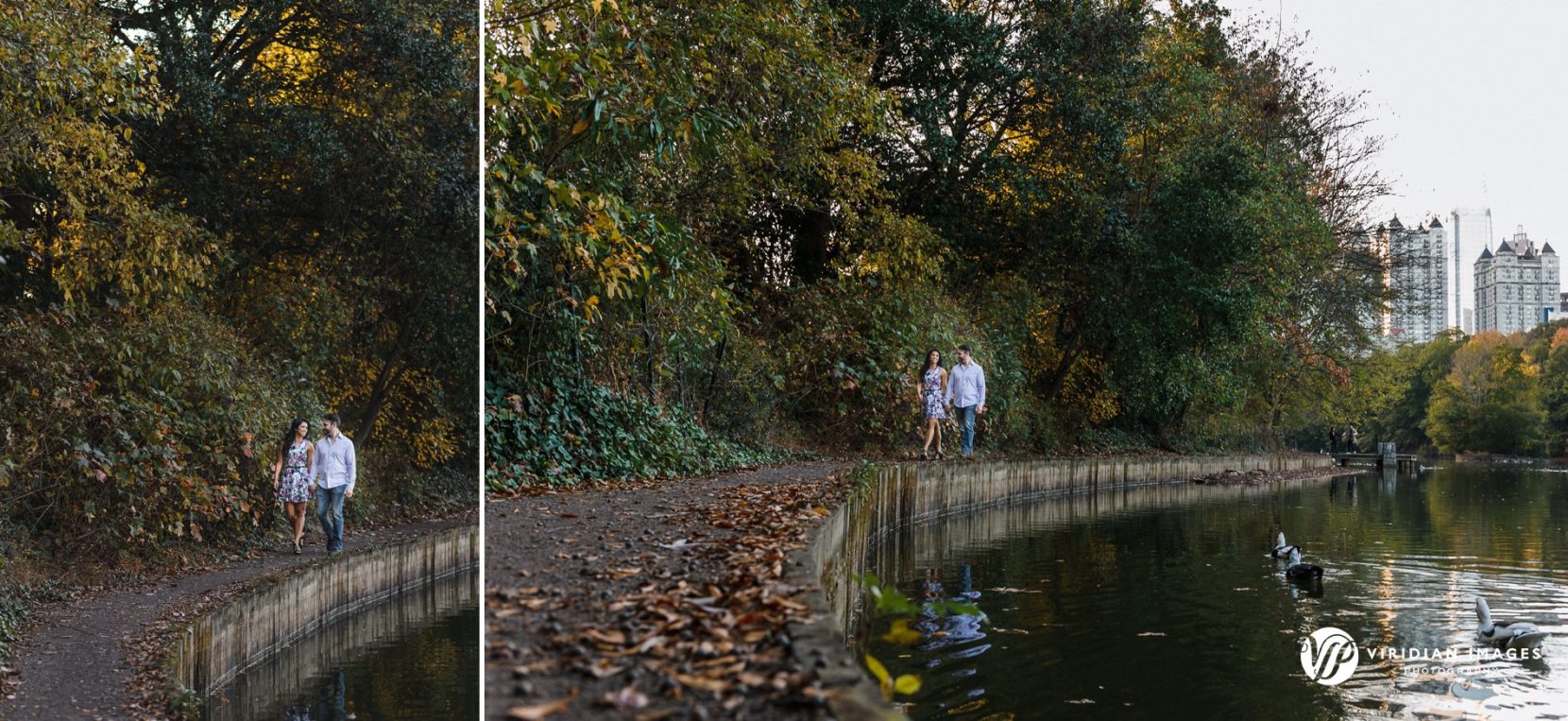Couple enjoying walk along lake at Piedmont Park