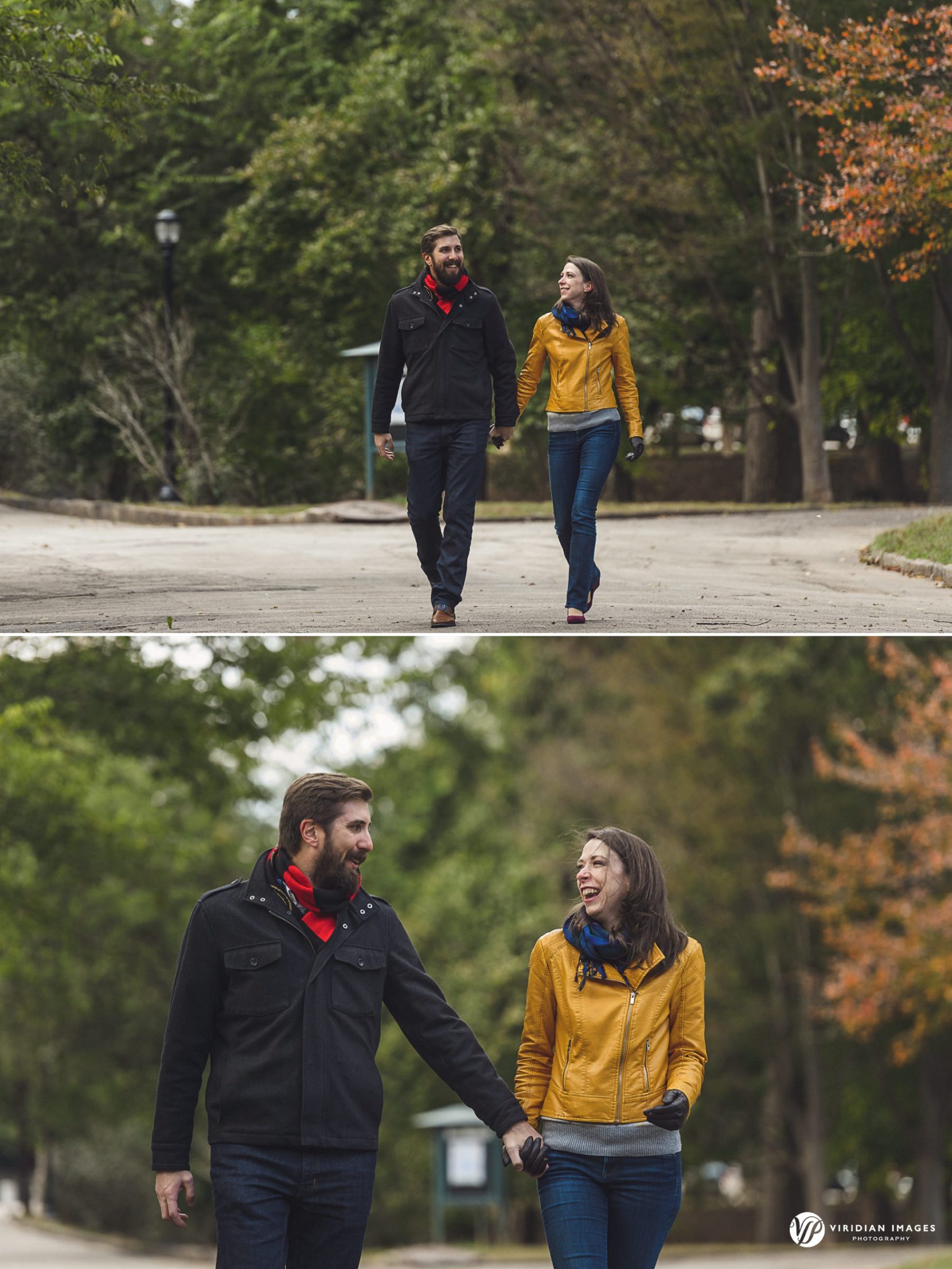 Editorial walking photo of the couple surrounded by fall leaves in Grant Park. 