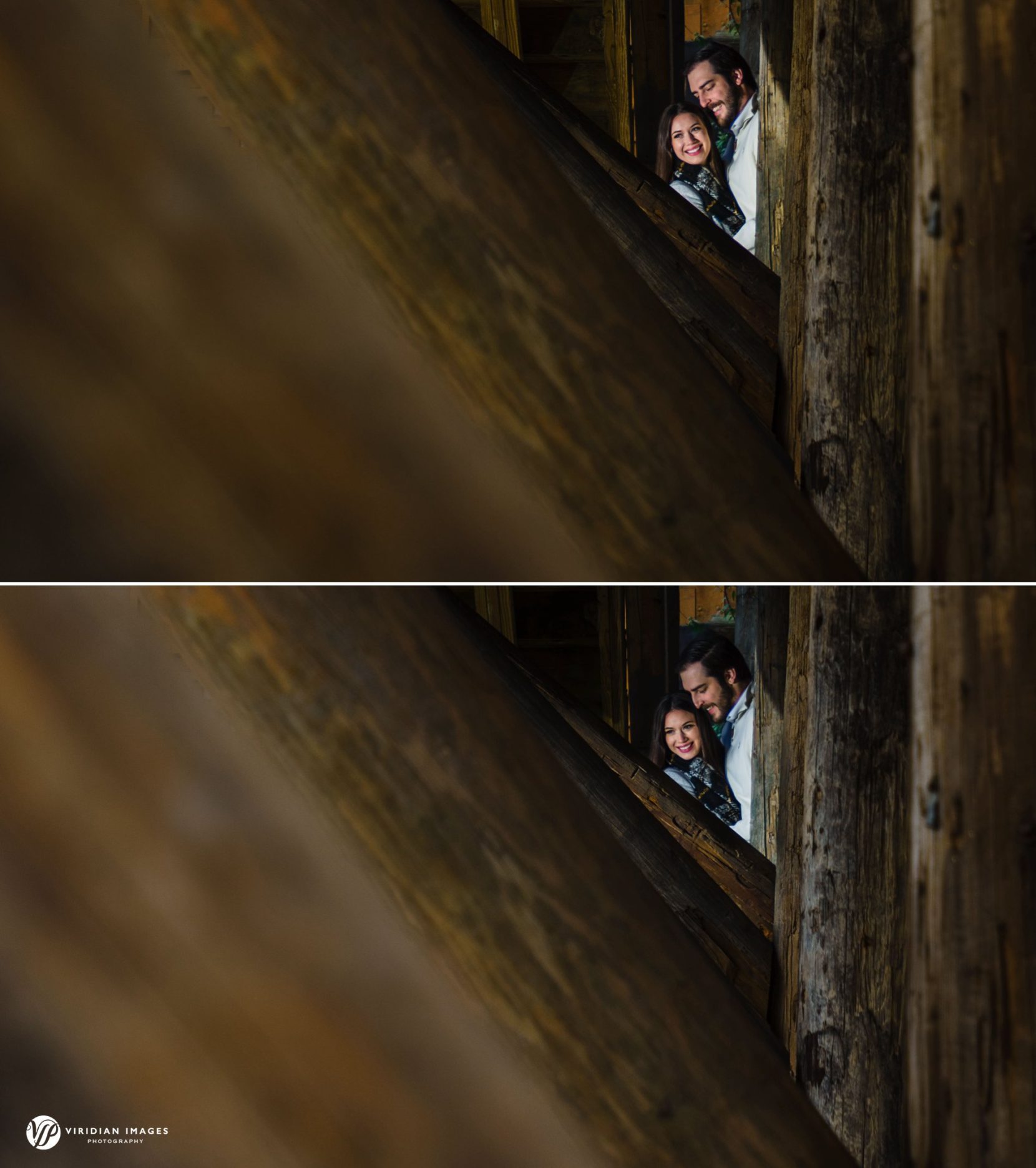 Couple hugging between wood beams at Rocky Lake Estate.