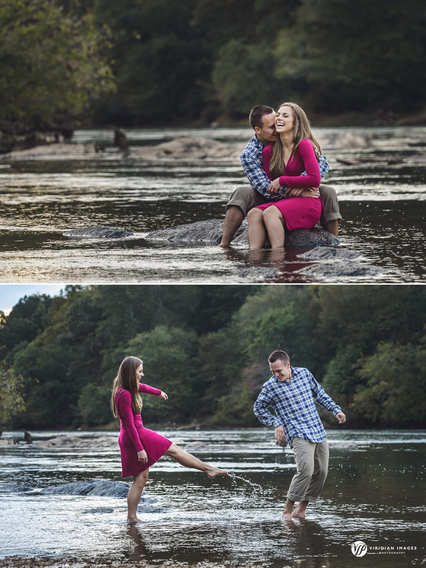 Couple playing in the water during an adventurous Chattahoochee River engagement session.