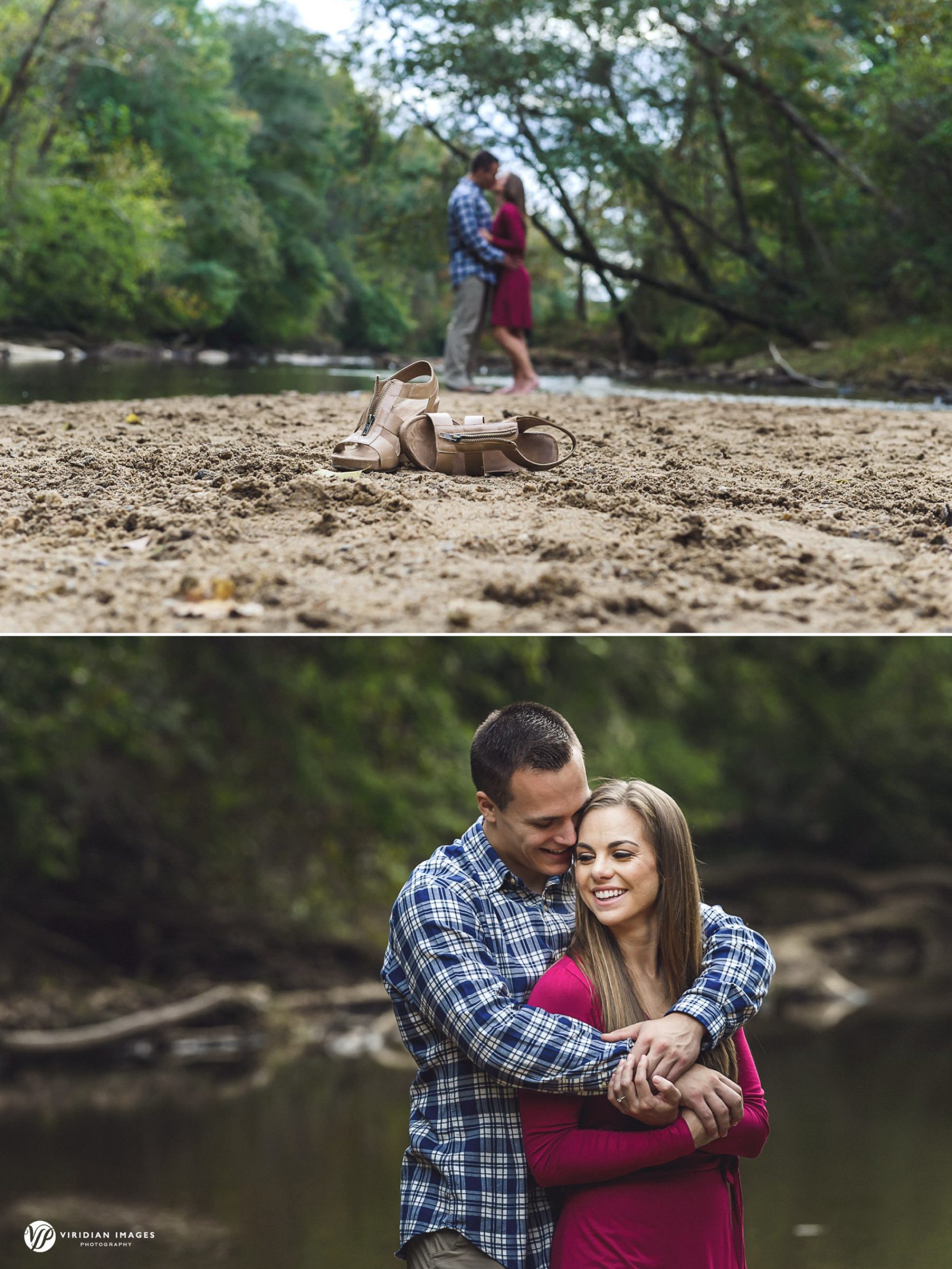 Playful couple kicked shoes off along river beach during fall engagement session in Atlanta.