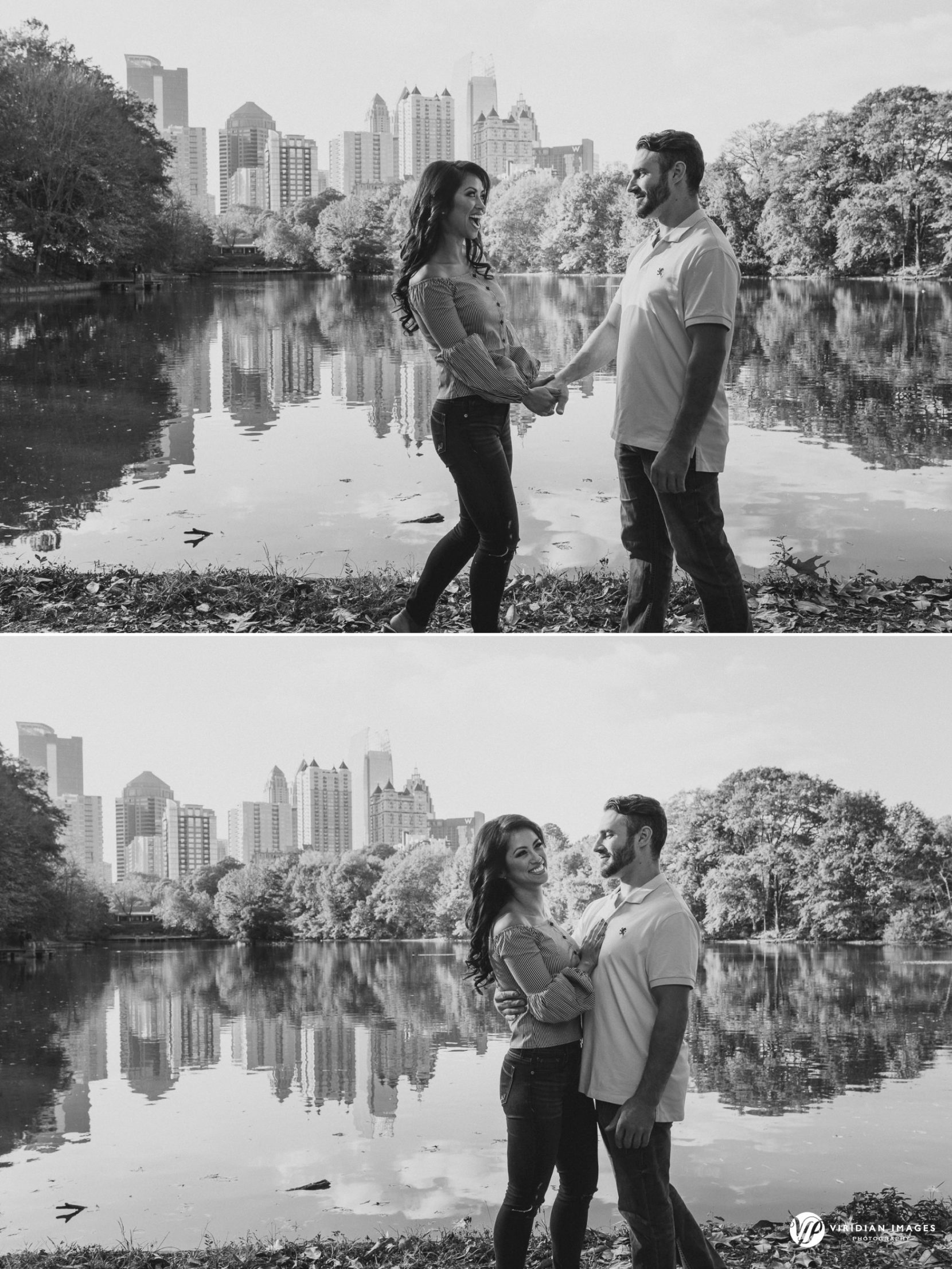 Playful couple standing by lake during engagement session at Piedmont Park