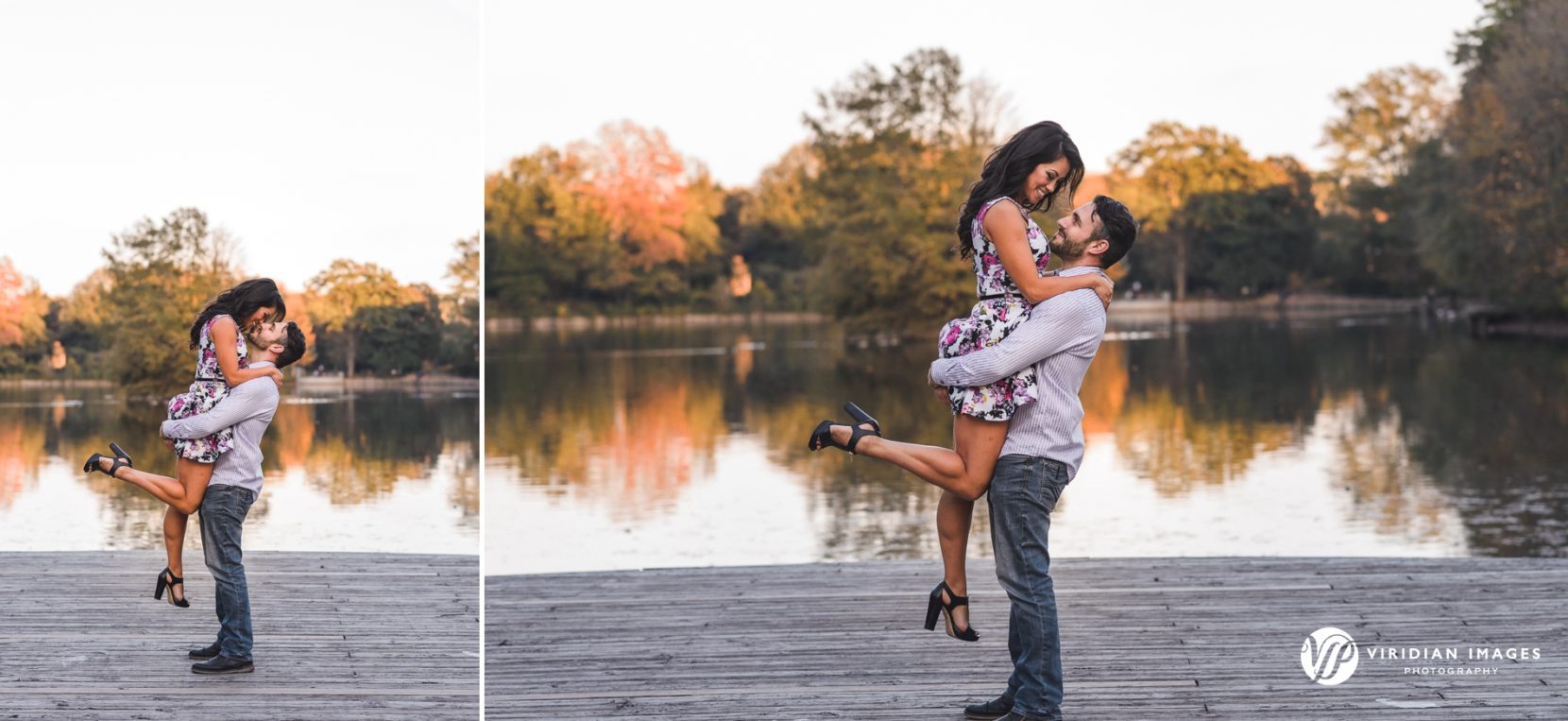 Groom lifting bride on the dock at Lake Clara Meer during fall engagement photos