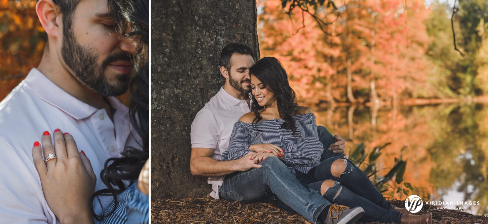 Couple sitting under fall foliage by the lake at Piedmont Park during engagement session
