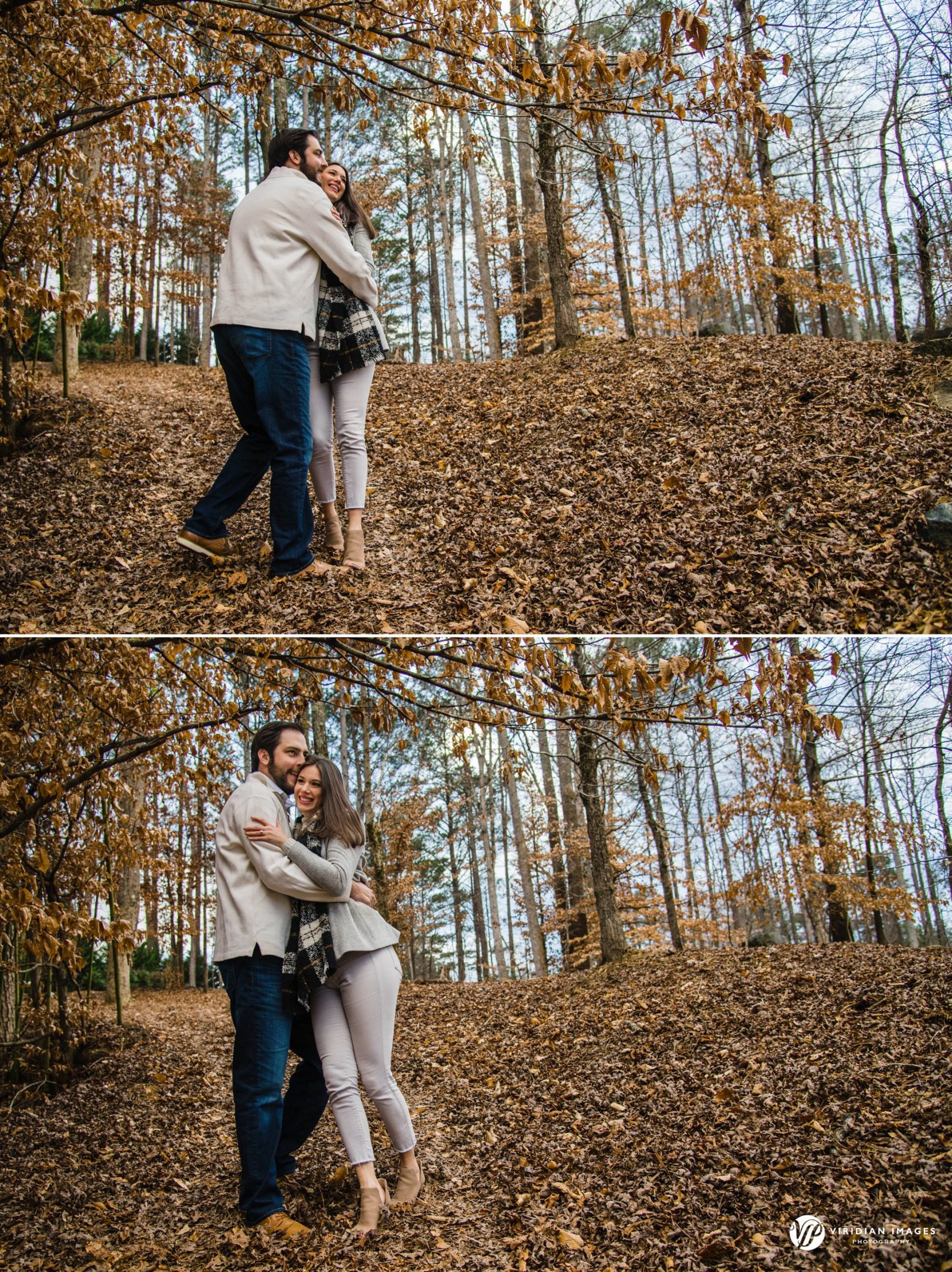 Couple hugging and holding on to each other as they race down leaf-filled hill at Rocky Lake Estate